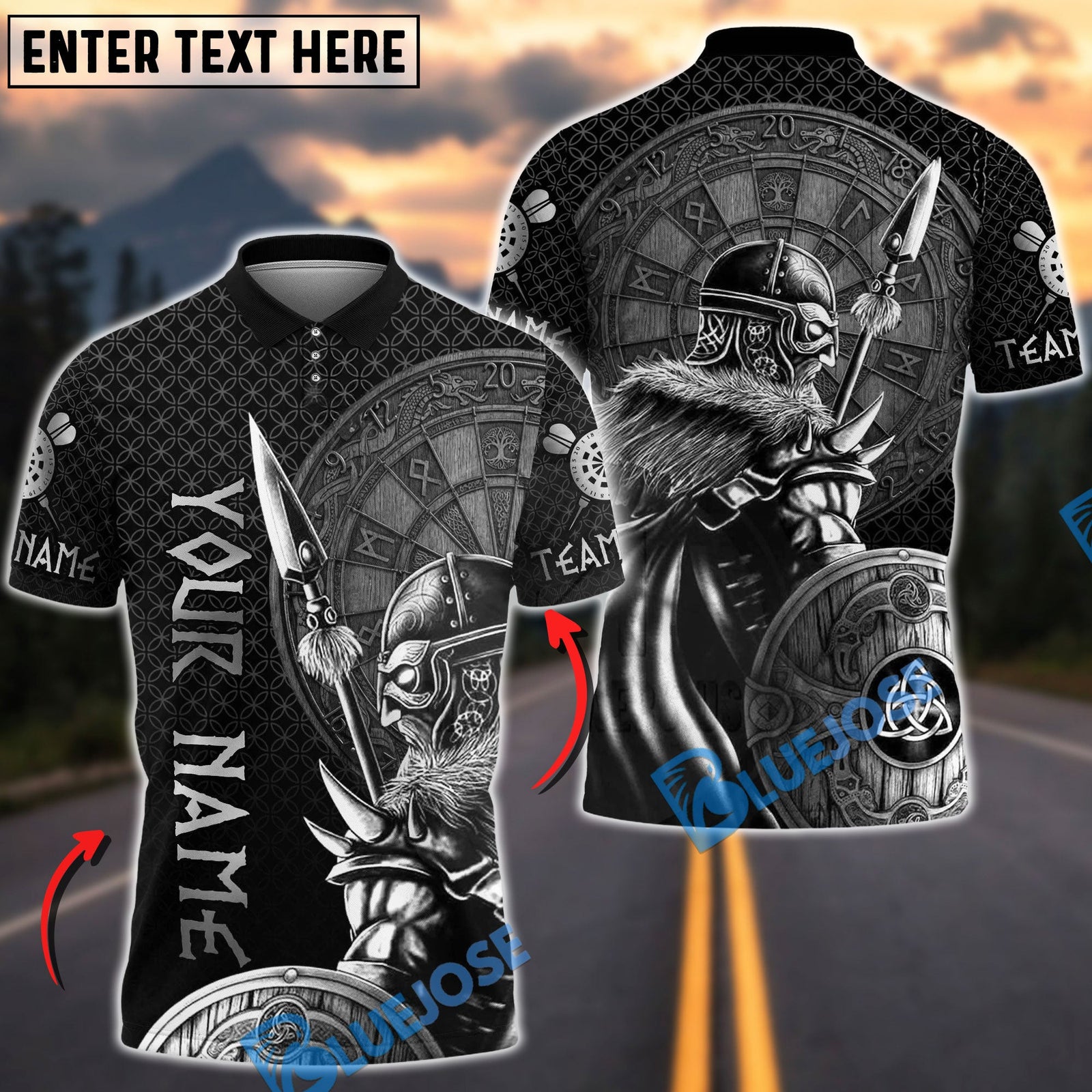 BlueJose Darts Viking Norse Warrior Rune Shield Multicolor Options Personalized Name Shirt (6 Colors)
