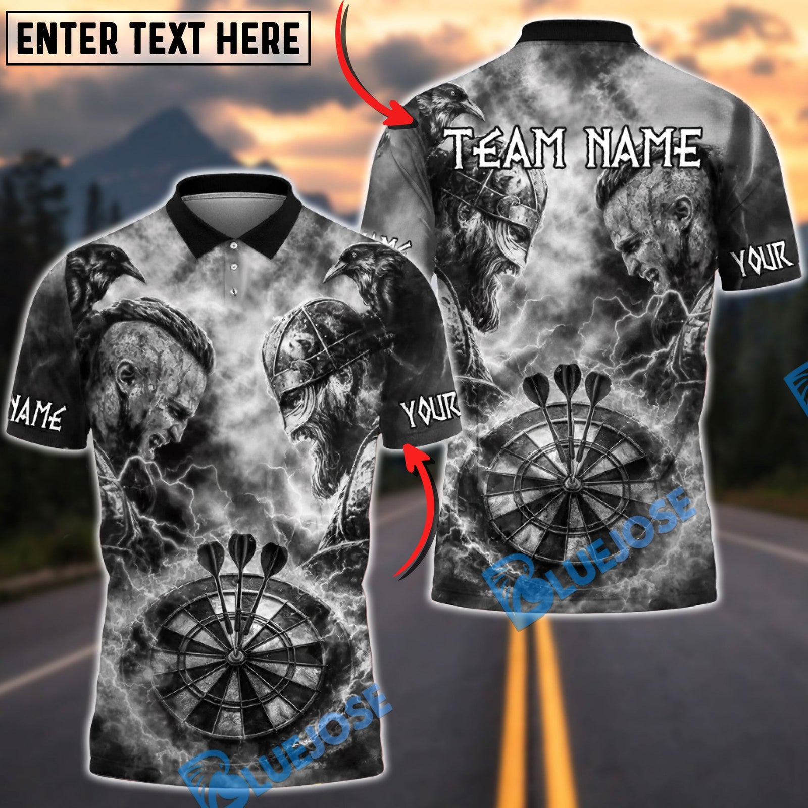 BlueJose Darts Viking Battle Lightning Multicolor Options Personalized Name Shirt (4 Colors)