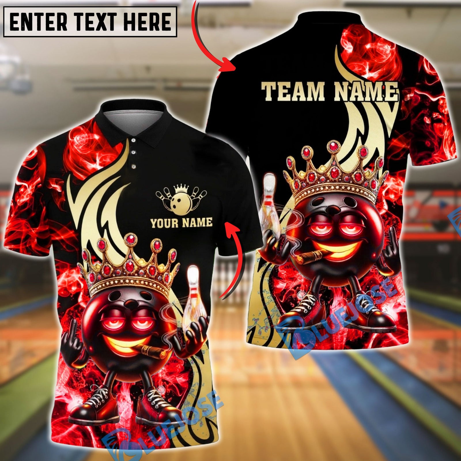 BlueJose Bowling & Pins Royal Fire King Smoke High Customized Name, Team Name 3D Shirt (4 Colors)