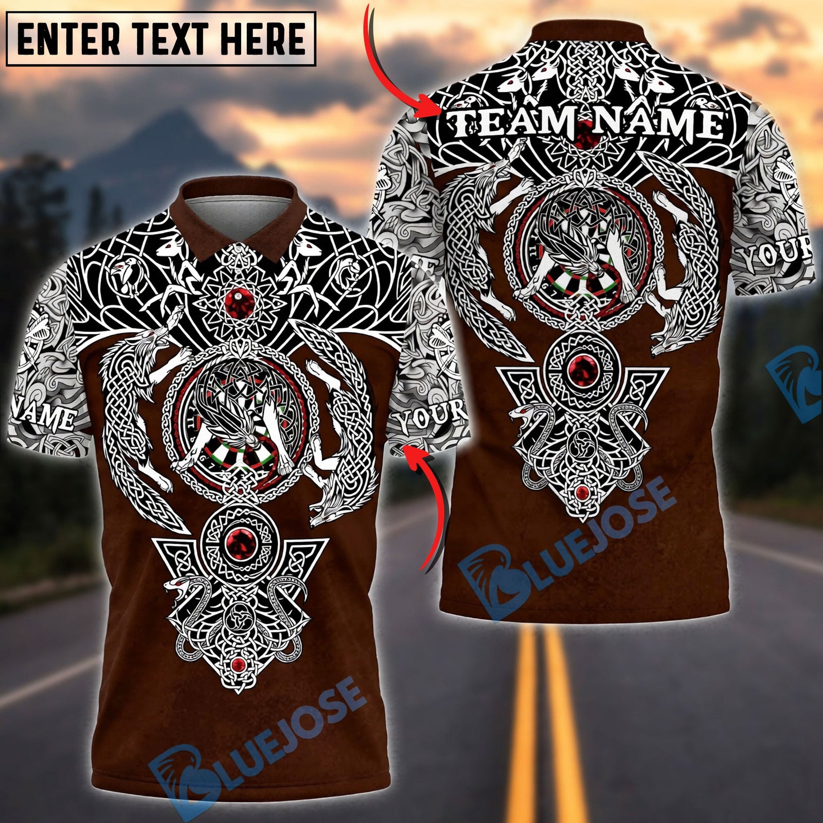 BlueJose Darts Viking Celtic Wolf Personalized Name, Team Name Unisex Shirt (4 Colors)