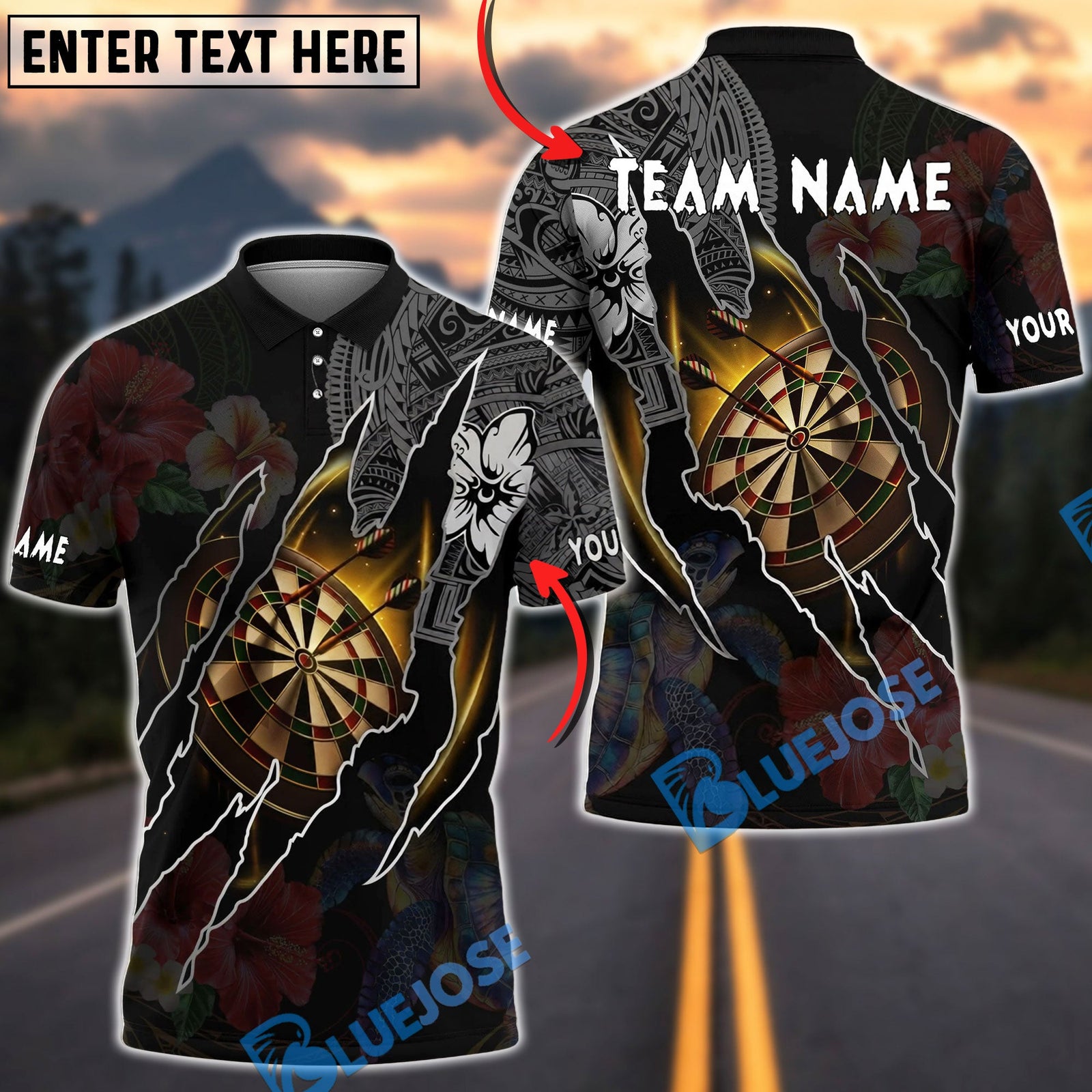 BlueJose Darts Polynesian Dartboard Hibiscus Turtle Personalized Name, Team Name Unisex Shirt (4 Colors)