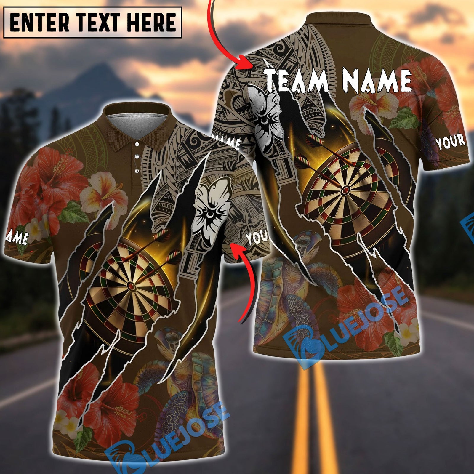 BlueJose Darts Polynesian Dartboard Hibiscus Turtle Personalized Name, Team Name Unisex Shirt (4 Colors)