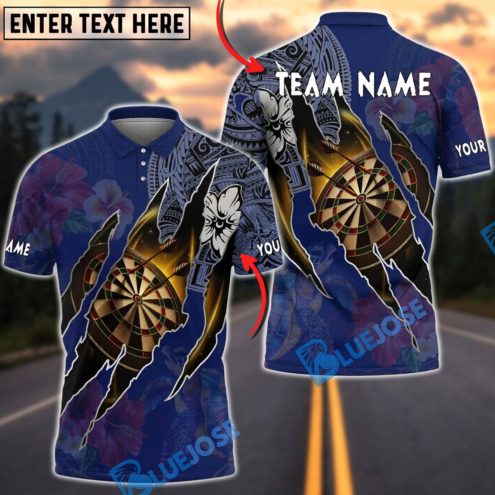 BlueJose Darts Polynesian Dartboard Hibiscus Turtle Personalized Name, Team Name Unisex Shirt (4 Colors)