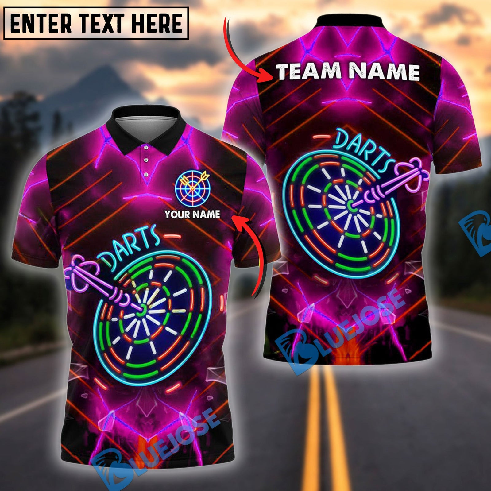 BlueJose Darts Neon Glow Personalized Name, Team Name Shirt (4 Colors)