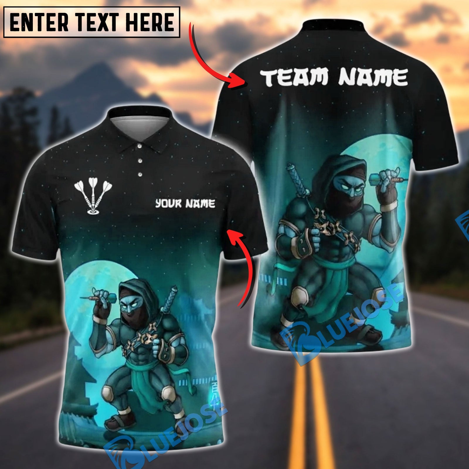 BlueJose Darts Shadow Ninja Customized Name, Team Name 3D Shirt (4 Colors)