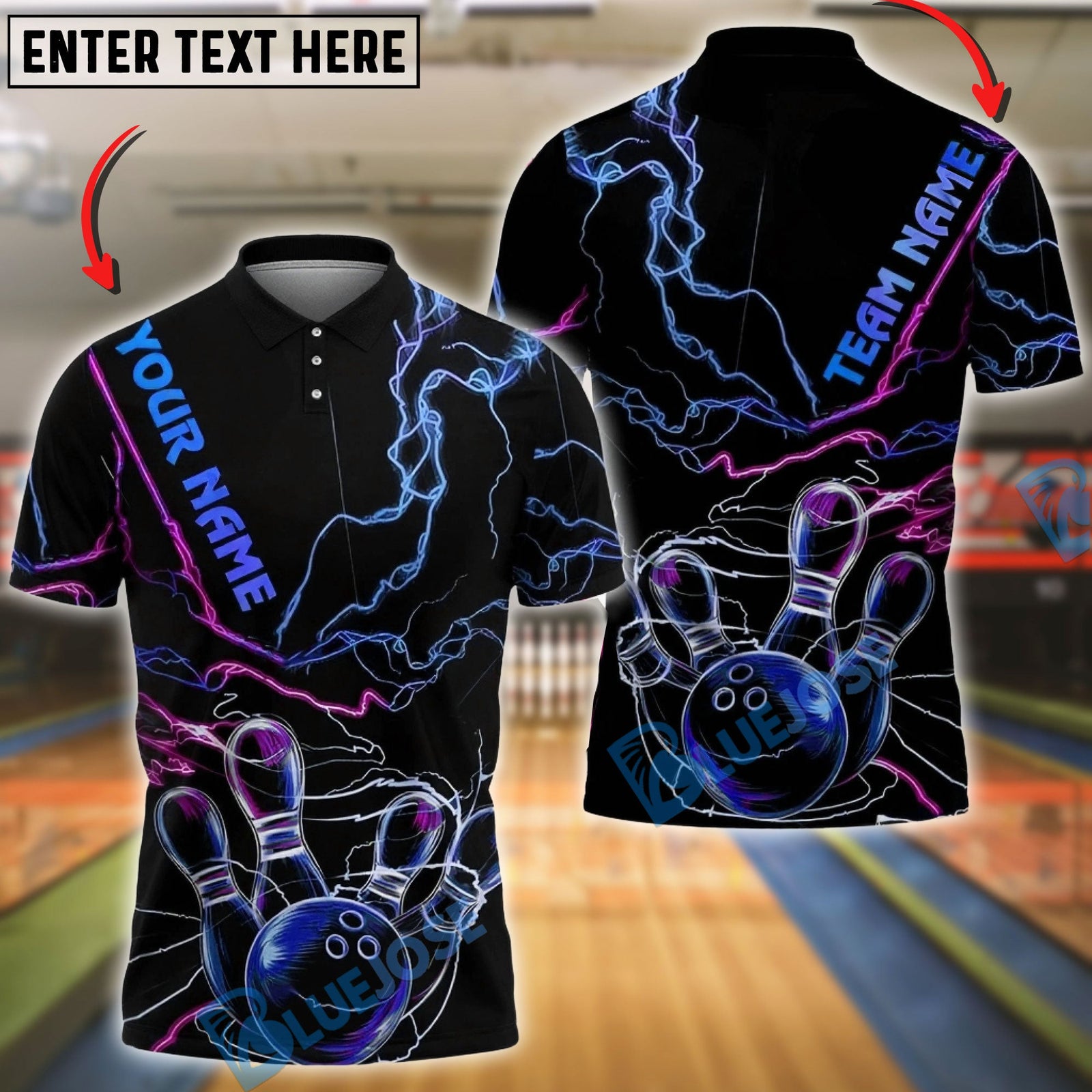 BlueJose Bowling & Pins Neon Thunder Lightning Customized Name, Team Name 3D Shirt (4 Colors)