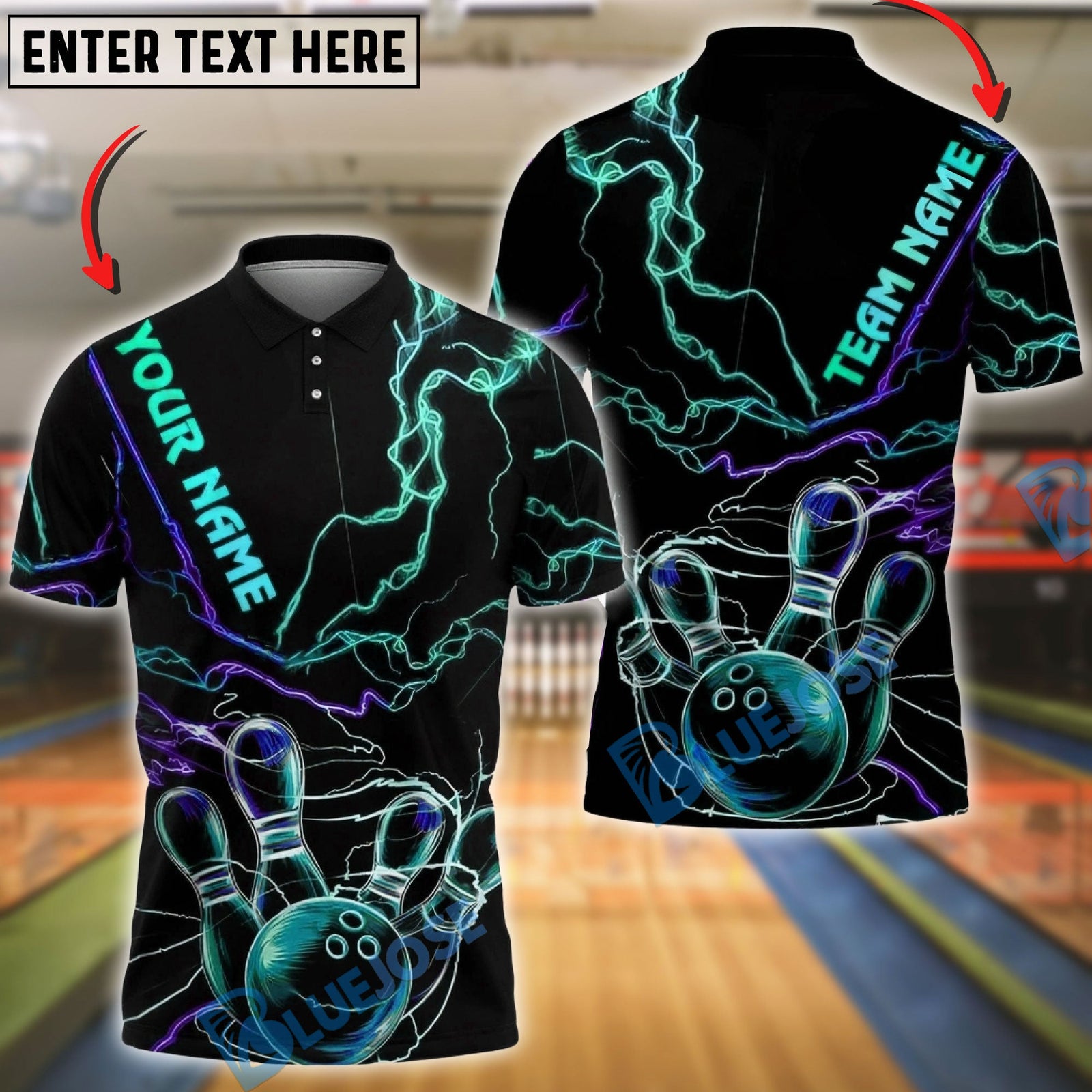 BlueJose Bowling & Pins Neon Thunder Lightning Customized Name, Team Name 3D Shirt (4 Colors)