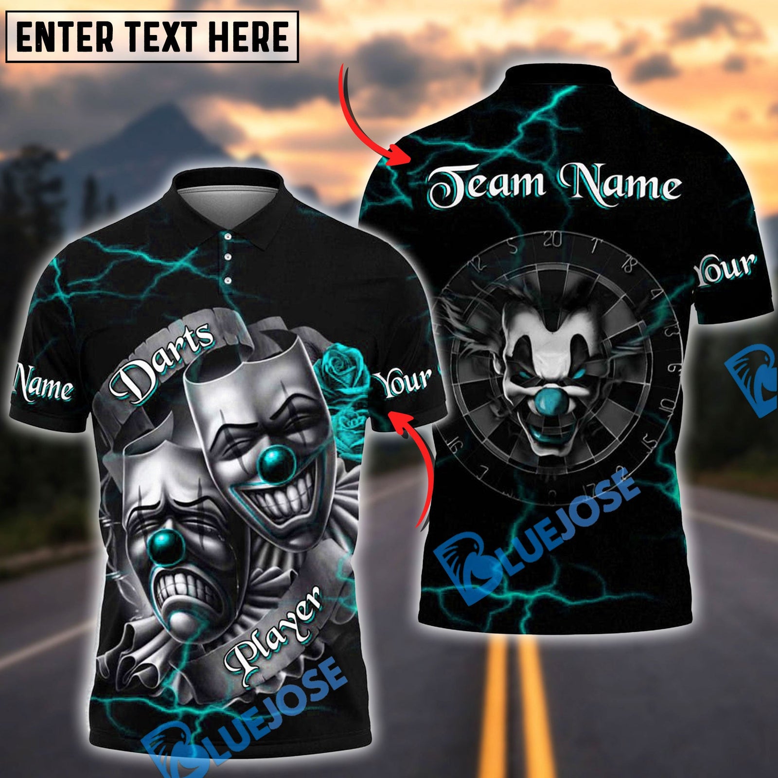 BlueJose Darts Evil Clown & Mask Design Multicolor Options Personalized Name Shirt (4 Colors)