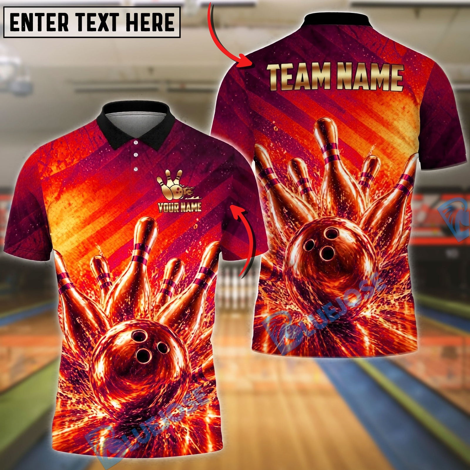 BlueJose Bowling Golden Strike Ball & Pins Explosion Customized Name, Team Name 3D Shirt (6 Colors)