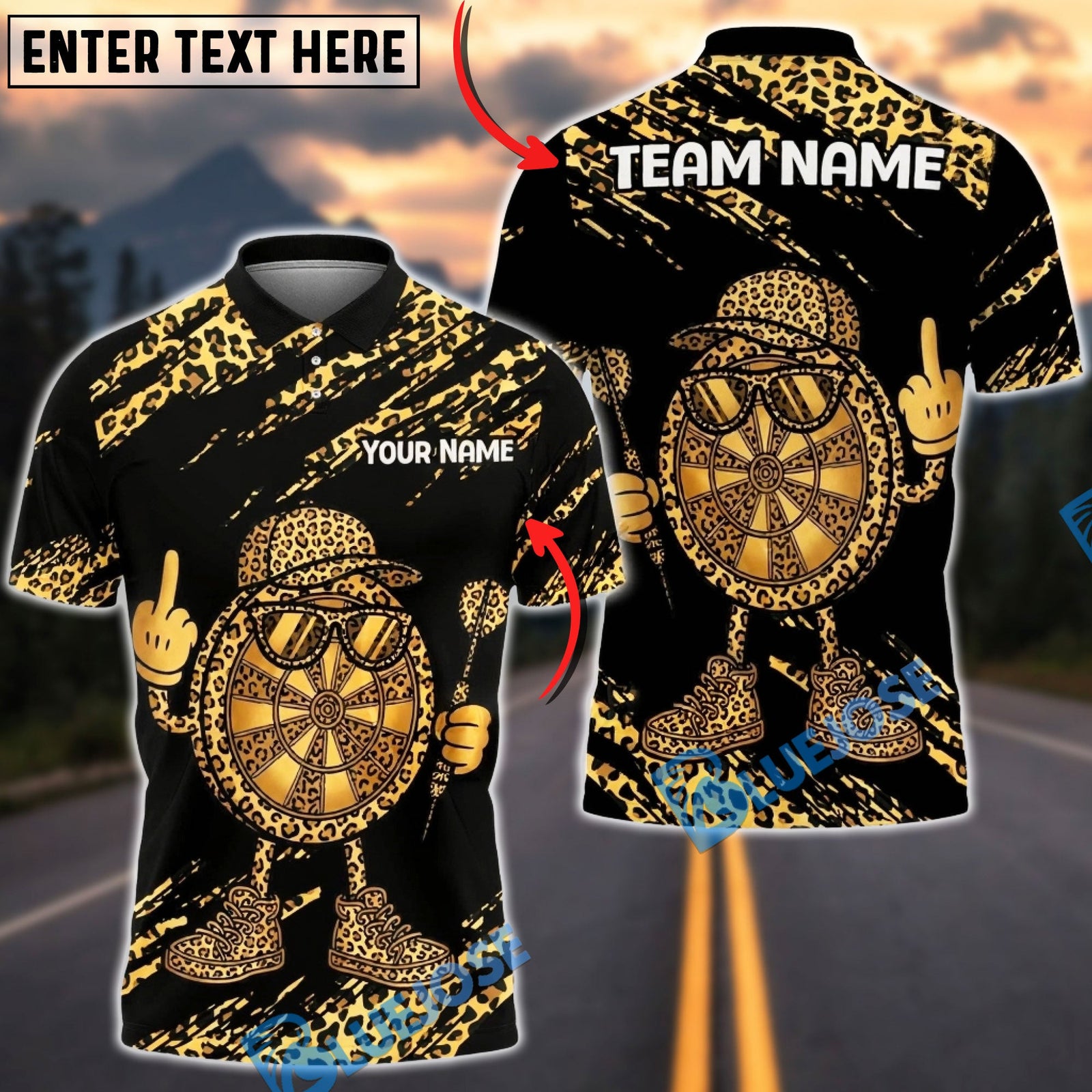 BlueJose Darts Leopard Cartoon Character Design Multicolor Options Personalized Name Shirt (6 Colors)