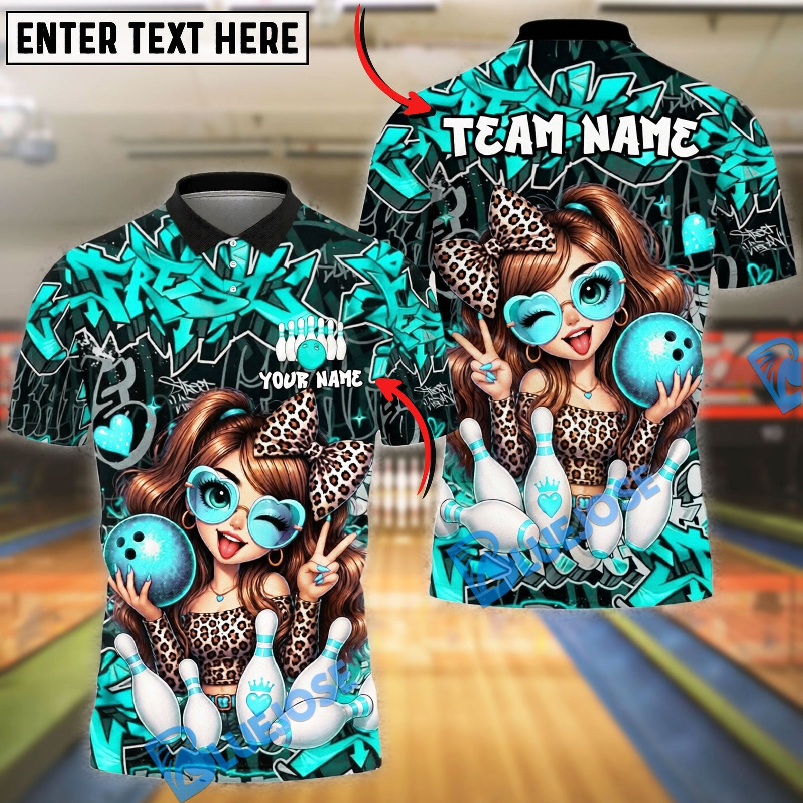 BlueJose Bowling And Pins Cute Leopard Girl Strike Graffiti Style Customized Name, Team Name 3D Shirt (6 Colors)