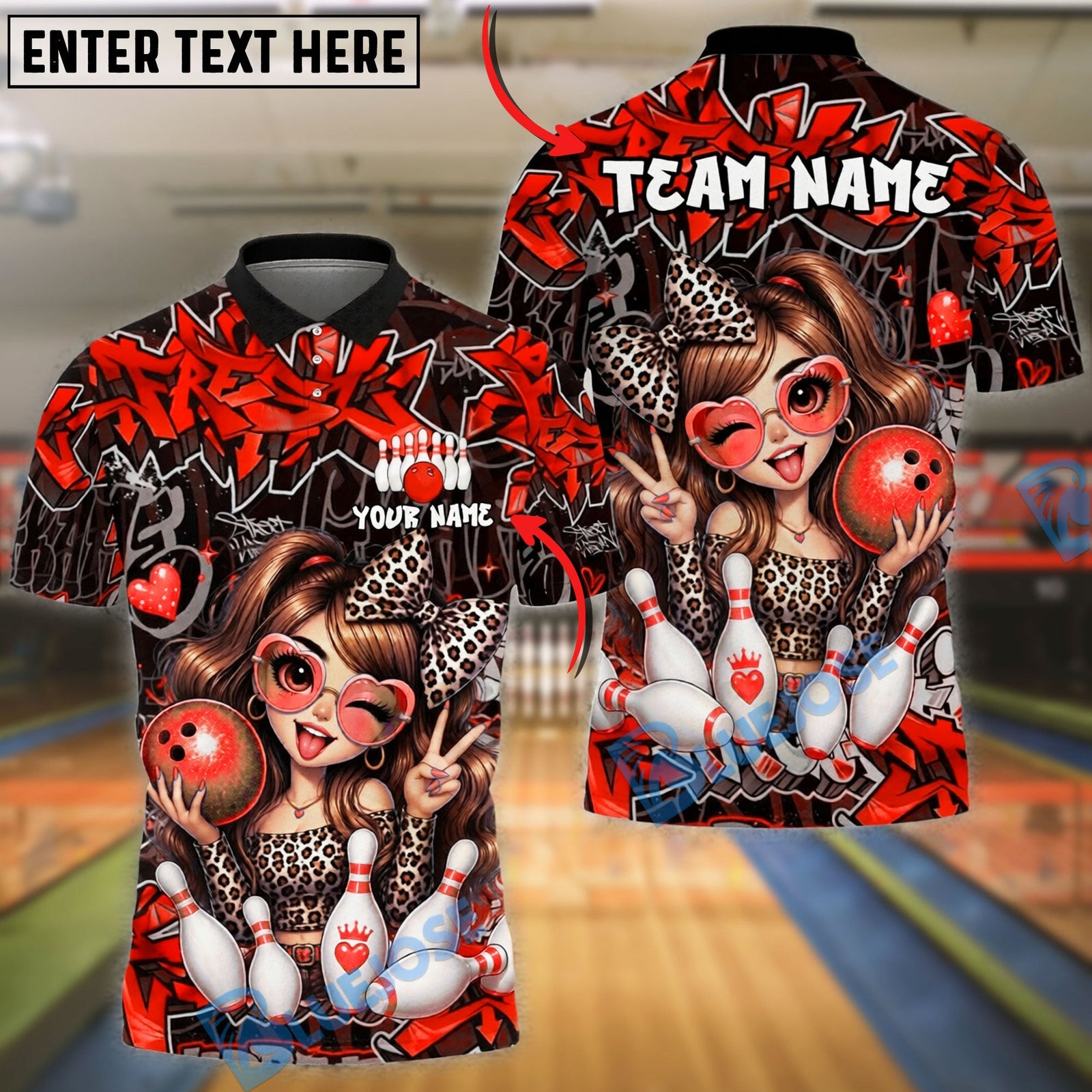 BlueJose Bowling And Pins Cute Leopard Girl Strike Graffiti Style Customized Name, Team Name 3D Shirt (6 Colors)