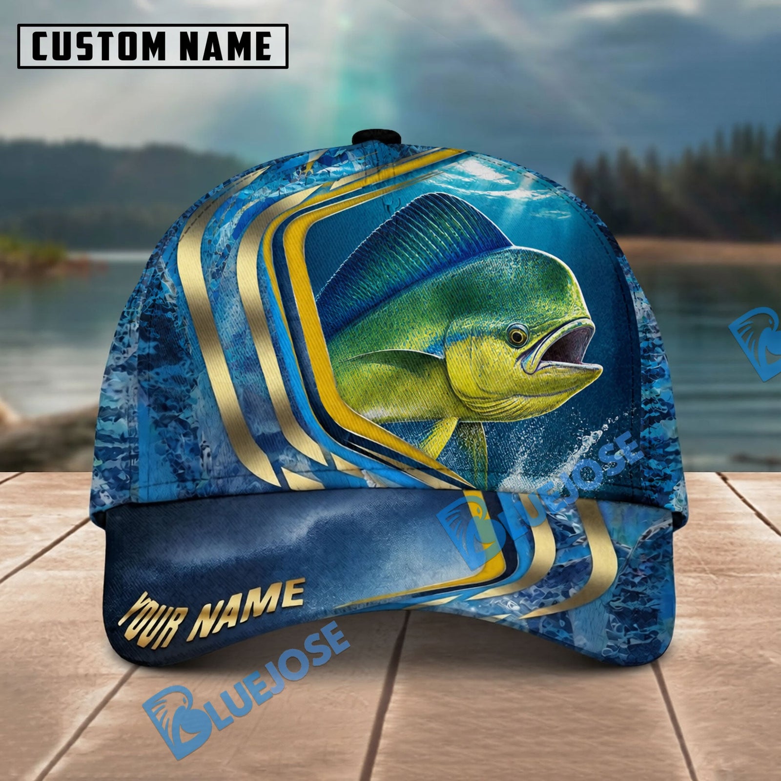 BlueJose Fishing Blue Gold Wave Design Personalized Name Classic 3D Cap Personalized Cap (13 Breeds)