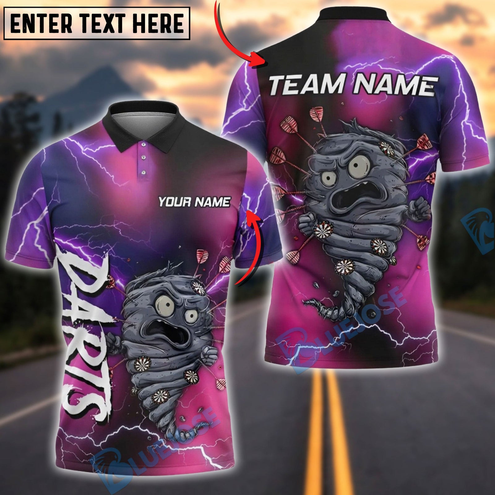 BlueJose Darts Tornado Monster Lightning Multicolor Options Personalized Name Shirt (4 Colors)
