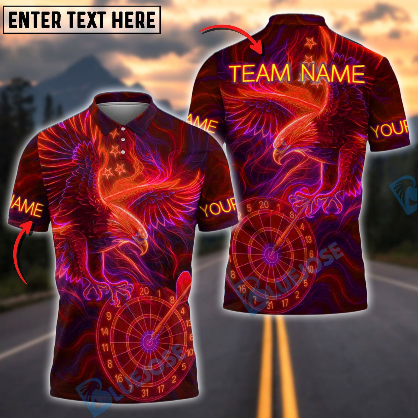 BlueJose Darts Eagle Neon Glow Personalized Name, Team Name Shirt (4 Colors)