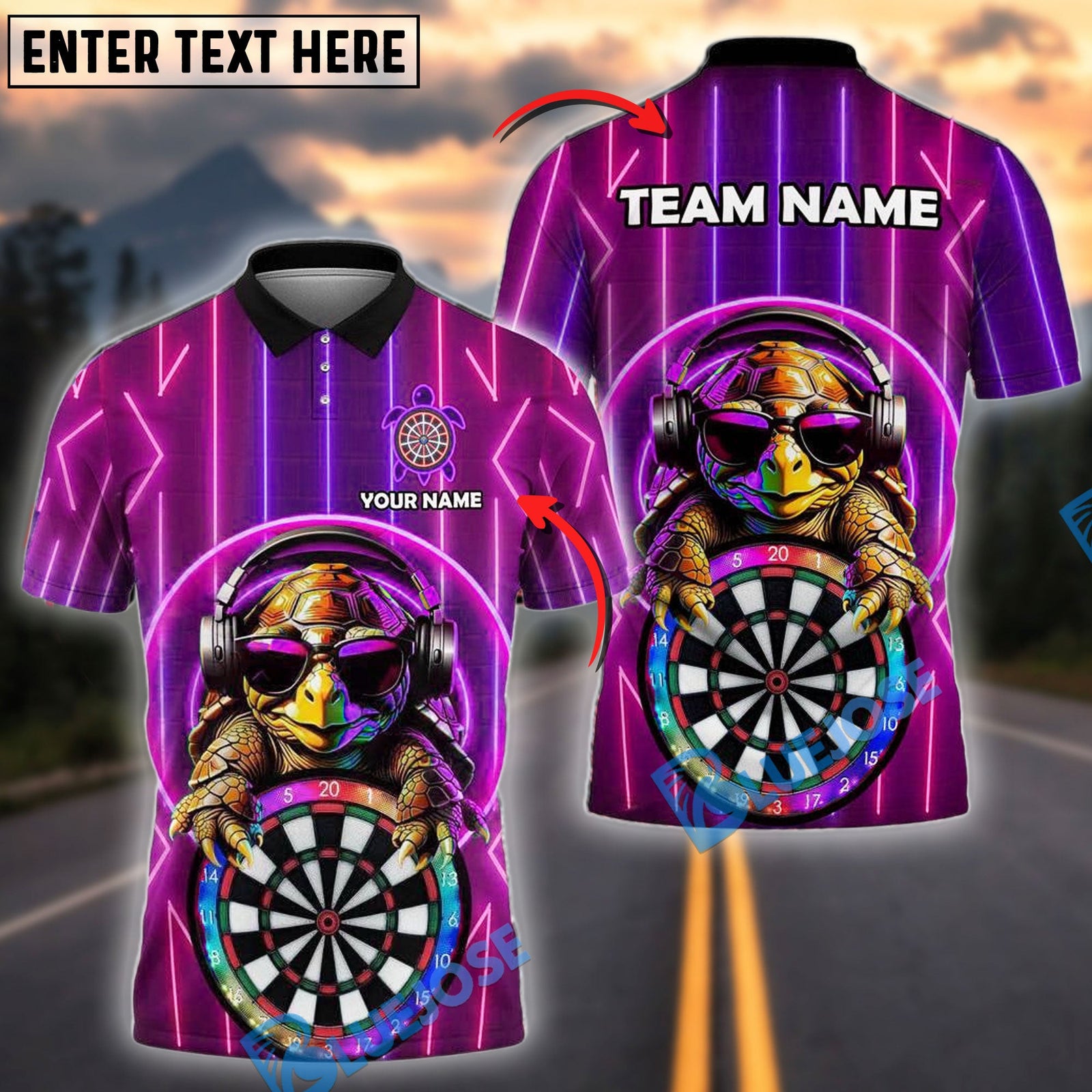 BlueJose Darts Turtle Neon Vibes Personalized Name, Team Name Shirt (4 Colors)