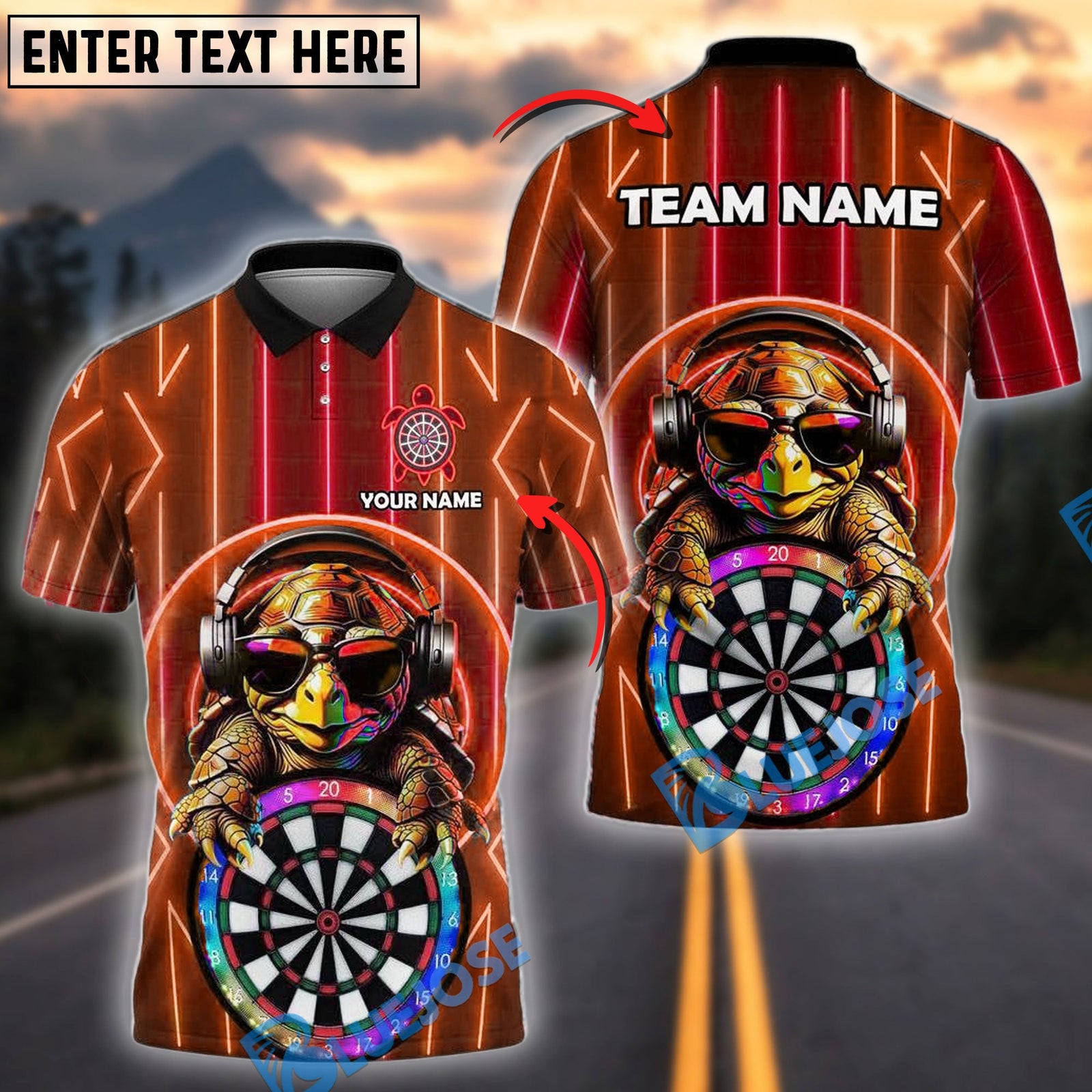 BlueJose Darts Turtle Neon Vibes Personalized Name, Team Name Shirt (4 Colors)