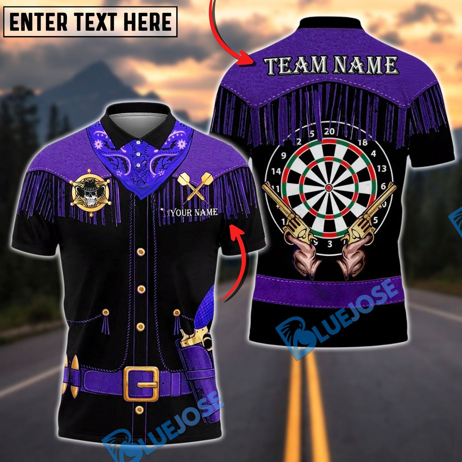 BlueJose Darts Western Fringe Revolver Dartboard Personalized Name, Team Name Unisex Shirt (4 Colors)