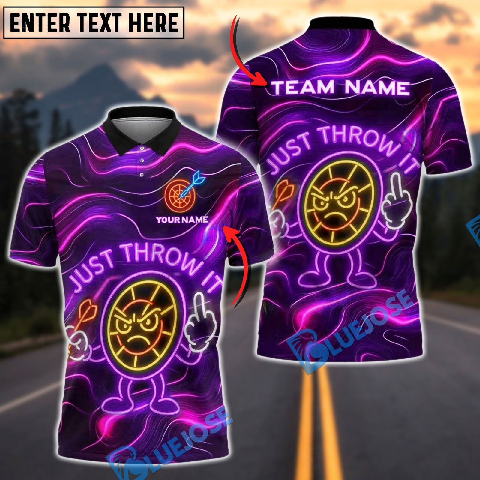 BlueJose Darts Neon Angry Target “Just Throw It” Design Customized Name, Team Name 3D Shirt (4 Colors)