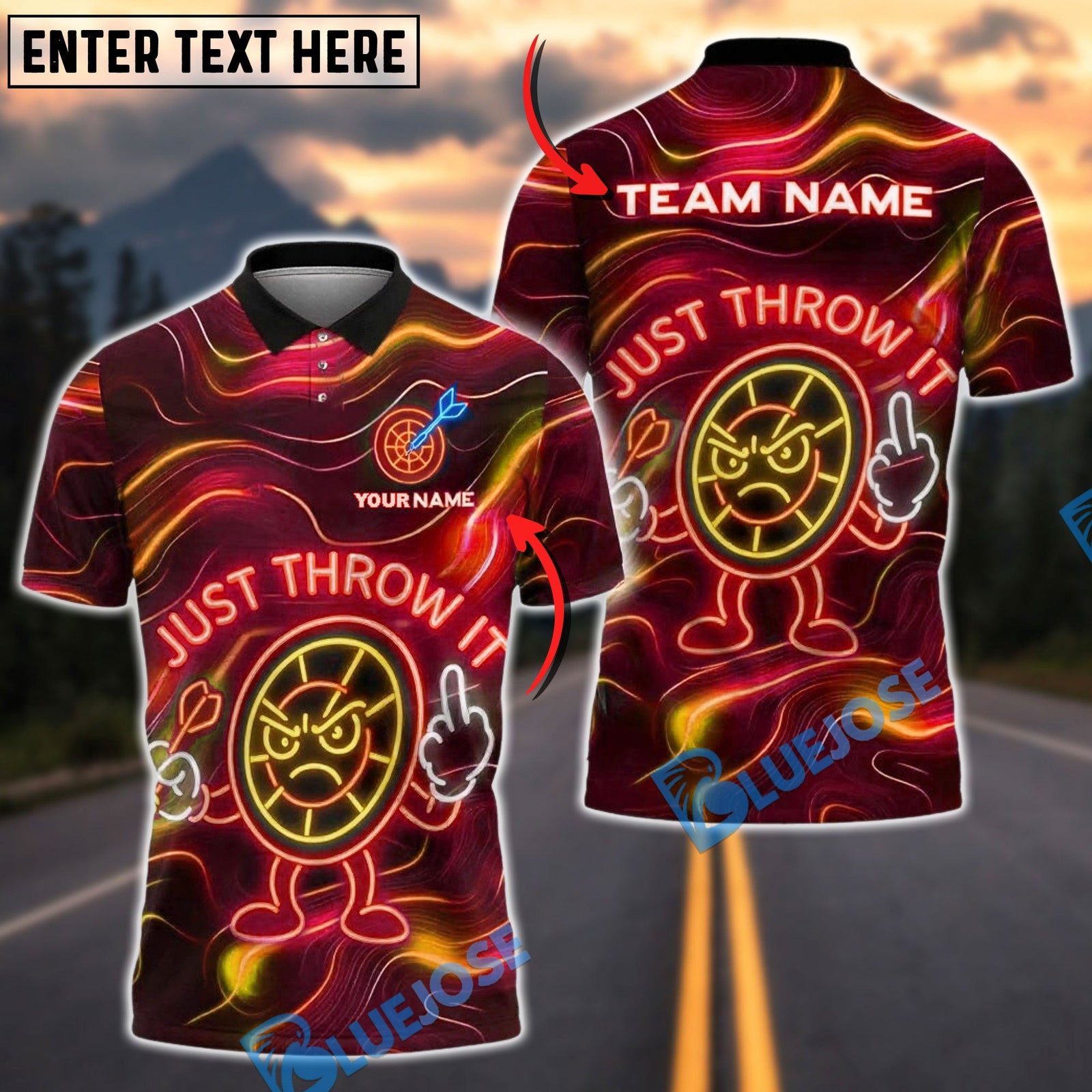 BlueJose Darts Neon Angry Target “Just Throw It” Design Customized Name, Team Name 3D Shirt (4 Colors)