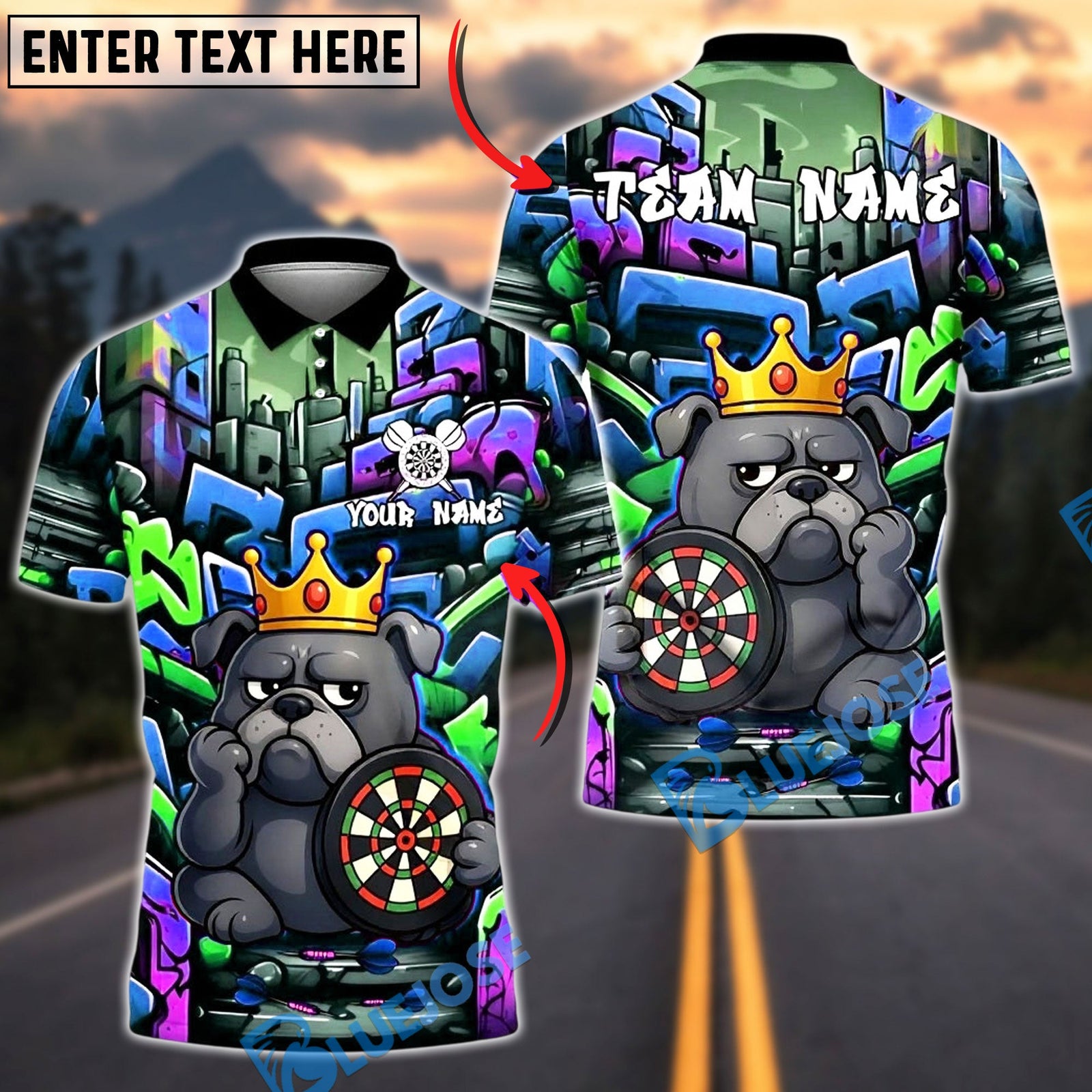 BlueJose Darts Bulldog King Graffiti Crown Customized Name, Team Name 3D Shirt (4 Colors)