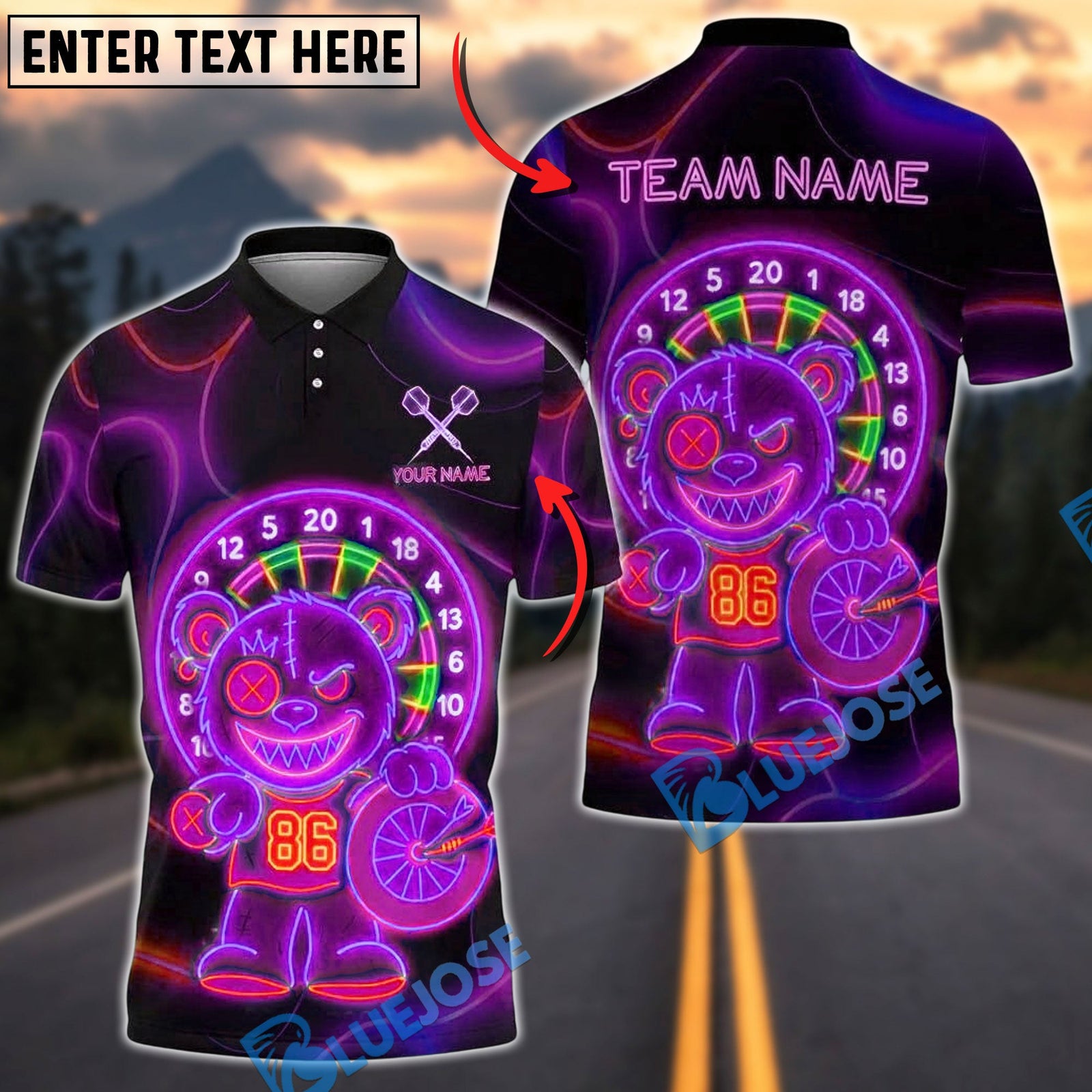 BlueJose Darts Neon Dartboard Bear Holding Darts Customized Name, Team Name 3D Shirt (4 Colors)