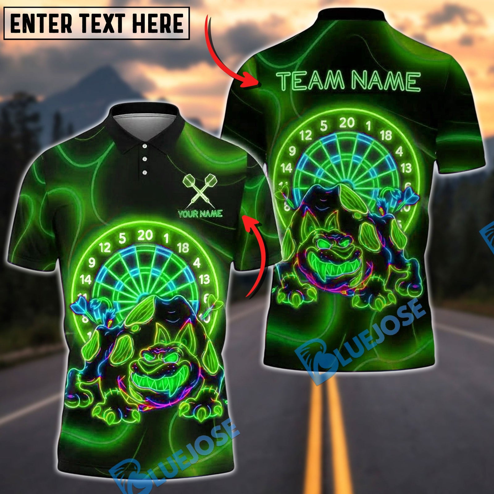 BlueJose Darts Neon Dartboard Monster Bulldog Customized Name, Team Name 3D Shirt (4 Colors)