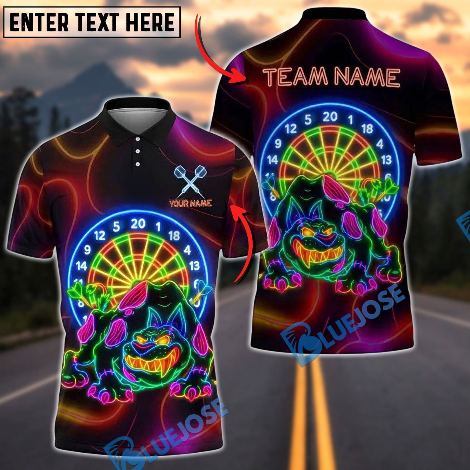 BlueJose Darts Neon Dartboard Monster Bulldog Customized Name, Team Name 3D Shirt (4 Colors)