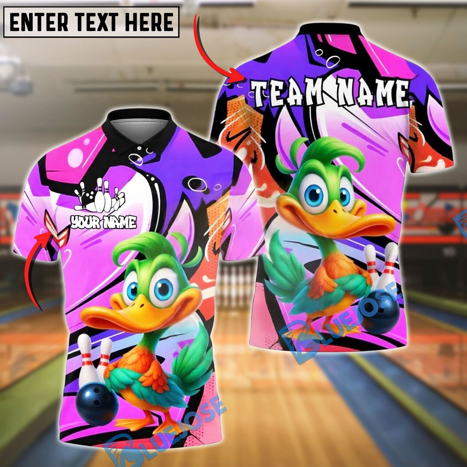 BlueJose Bowling And Pins Cartoon Duck Graffiti Customized Name, Team Name 3D Shirt (4 Colors)