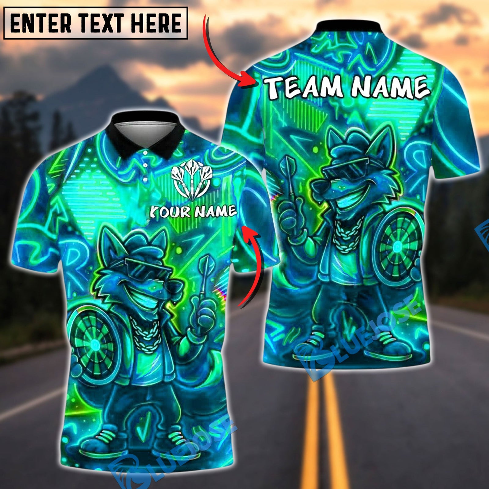 BlueJose Darts Neon Wolf Cool Graffiti Customized Name, Team Name 3D Shirt (4 Colors)