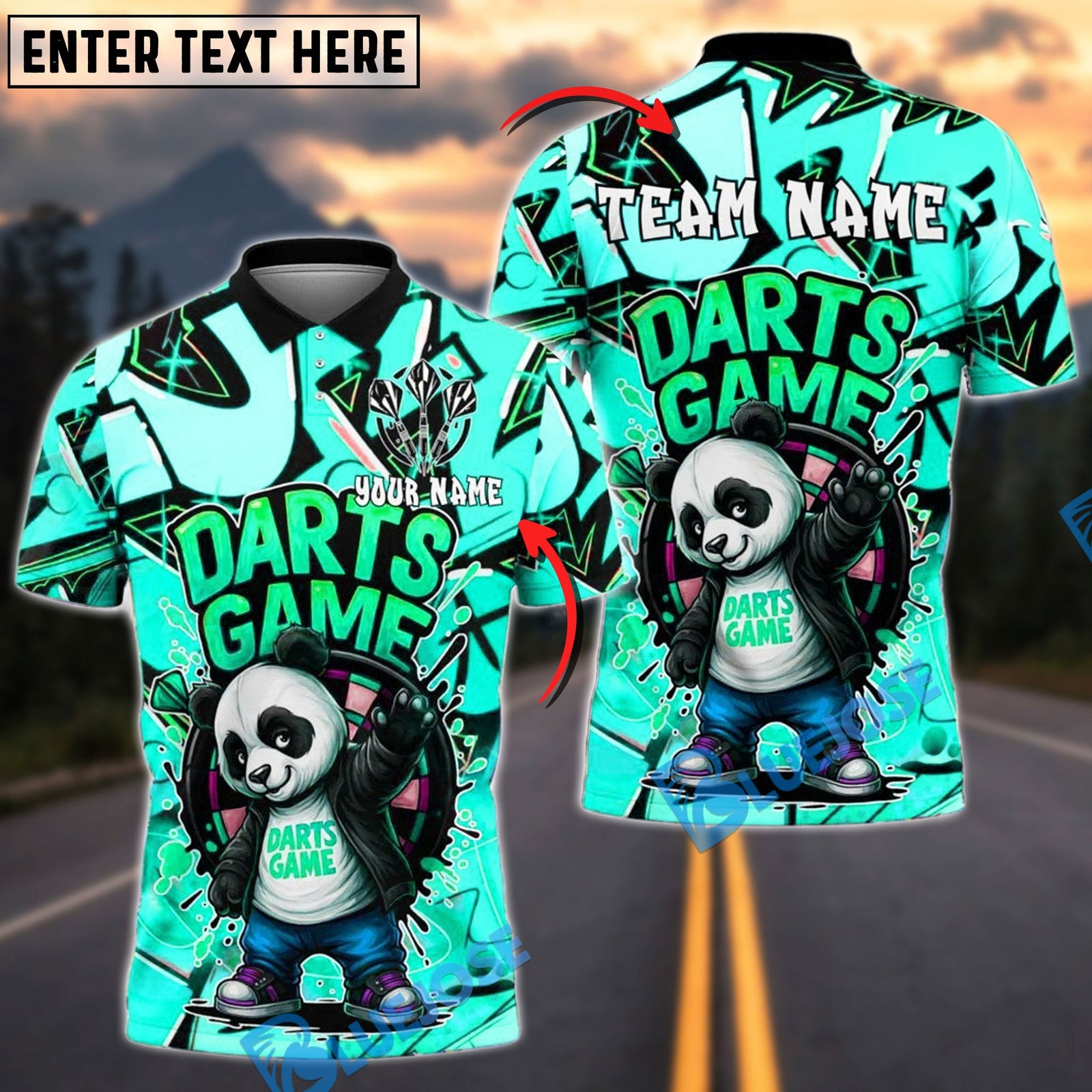 BlueJose Darts Skateboard Panda in Street Personalized Name, Team Name Shirt (4 Colors)