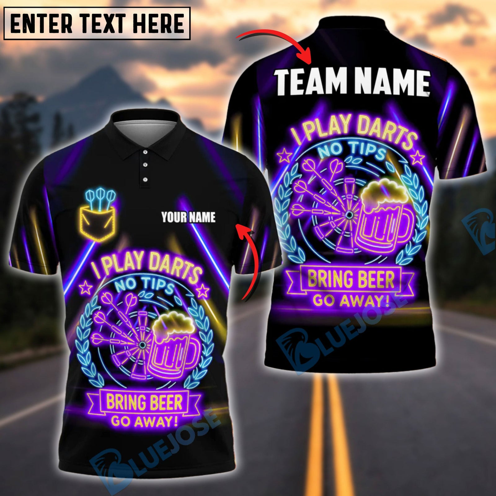 BlueJose Darts No Tips Funny Shirt Neon Pub Style Customized Name, Team Name 3D Shirt (4 Colors)