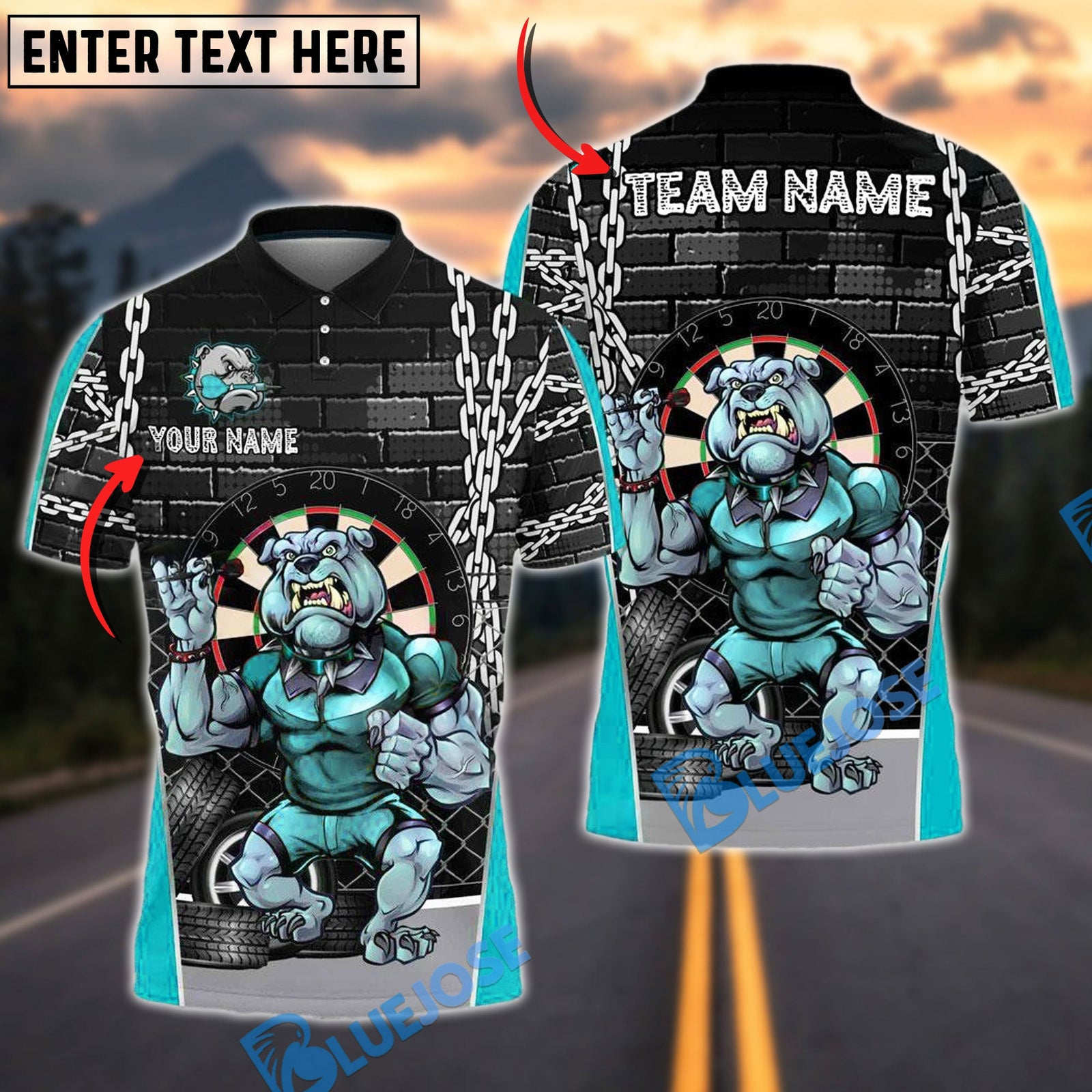 BlueJose Darts Muscular Bulldog Urban Style Personalized Name, Team Name Shirt (4 Colors)