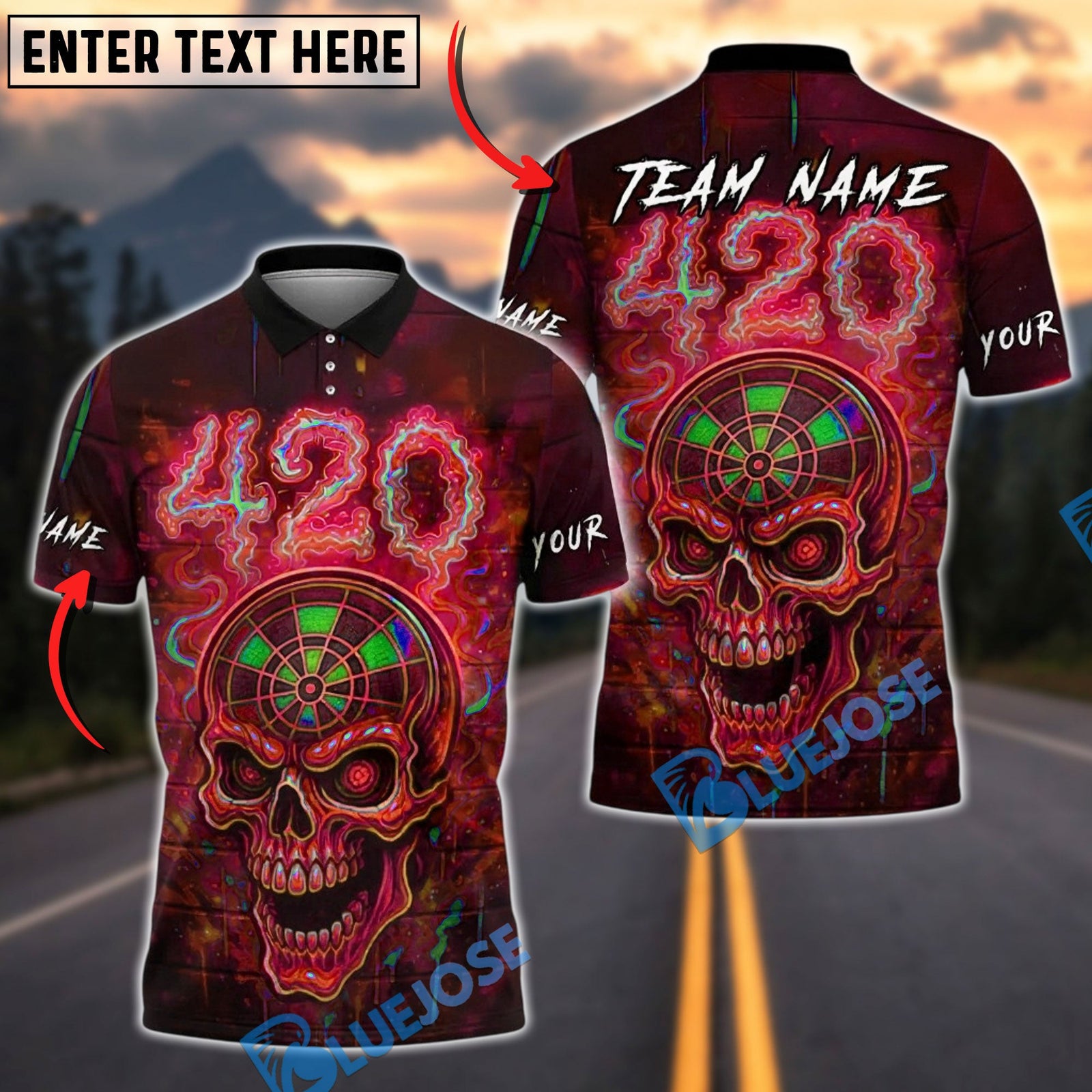BlueJose Darts Skull 420 Neon Dartboard Glow Personalized Name, Team Name Unisex Shirt (4 Colors)