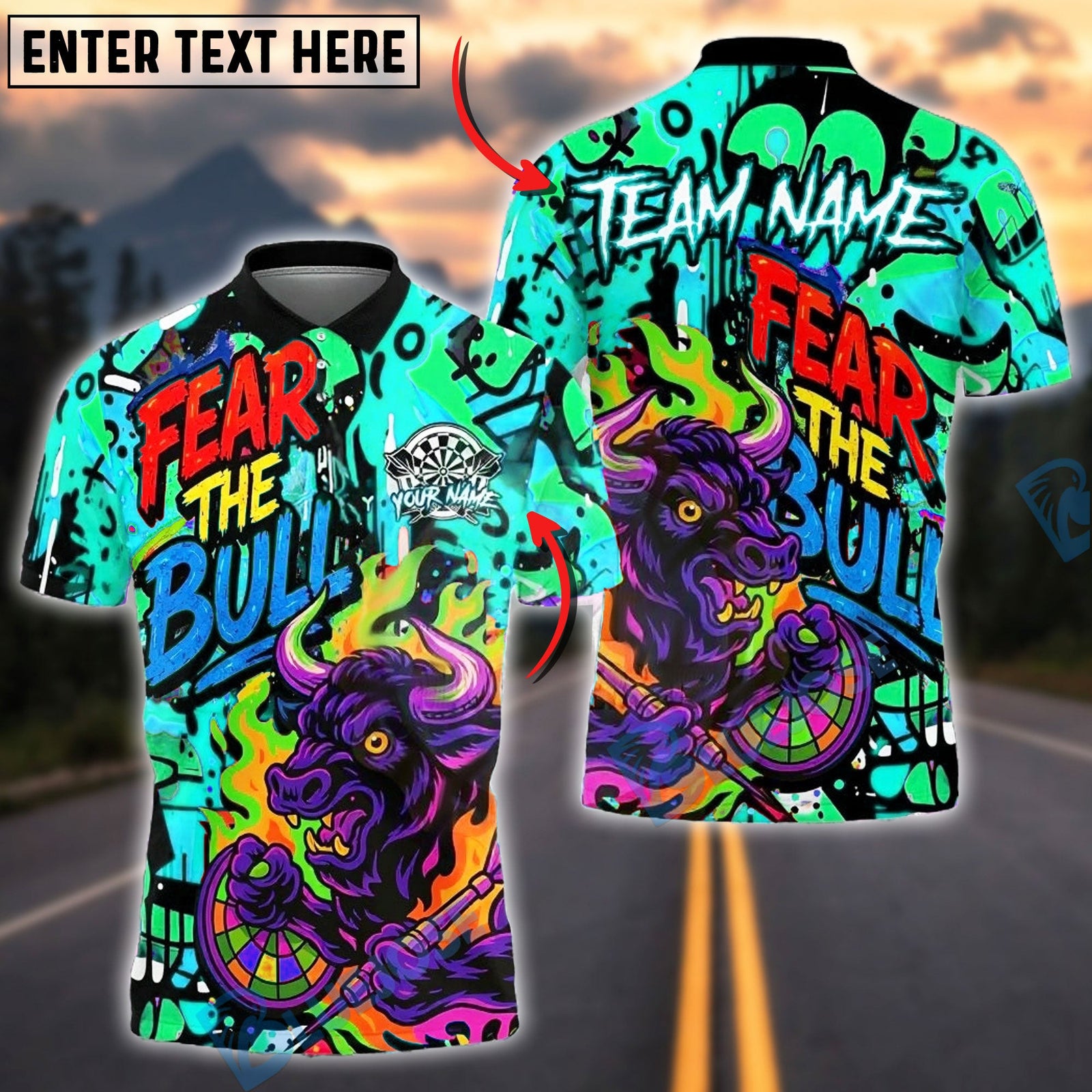 BlueJose Darts Fear The Bull Graffiti Style Customized Name, Team Name 3D Shirt (4 Colors)