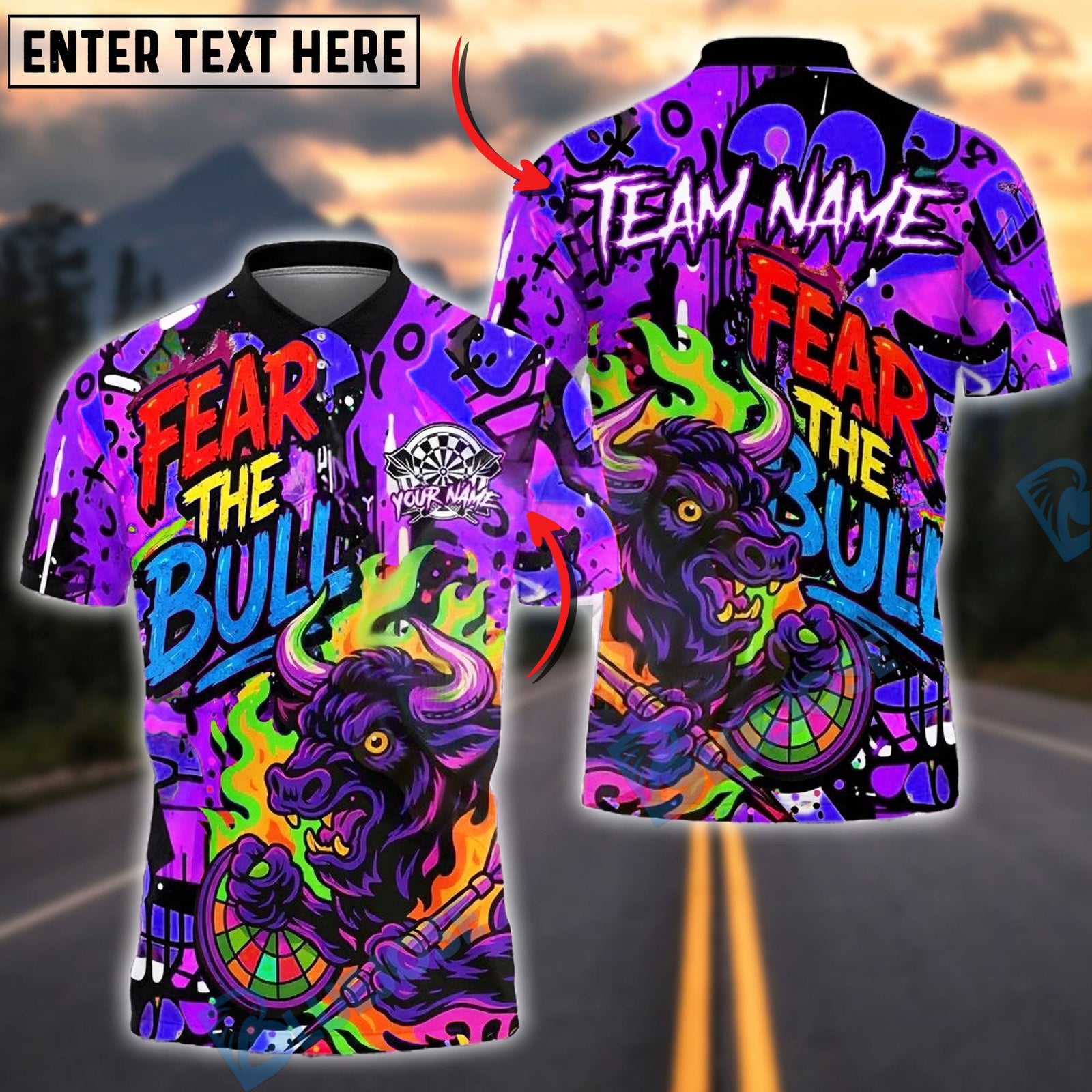 BlueJose Darts Fear The Bull Graffiti Style Customized Name, Team Name 3D Shirt (4 Colors)