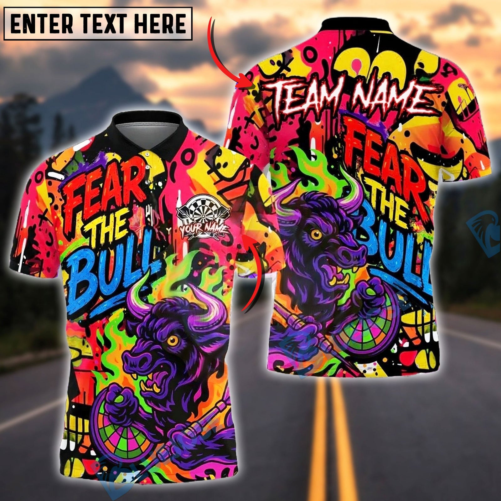 BlueJose Darts Fear The Bull Graffiti Style Customized Name, Team Name 3D Shirt (4 Colors)