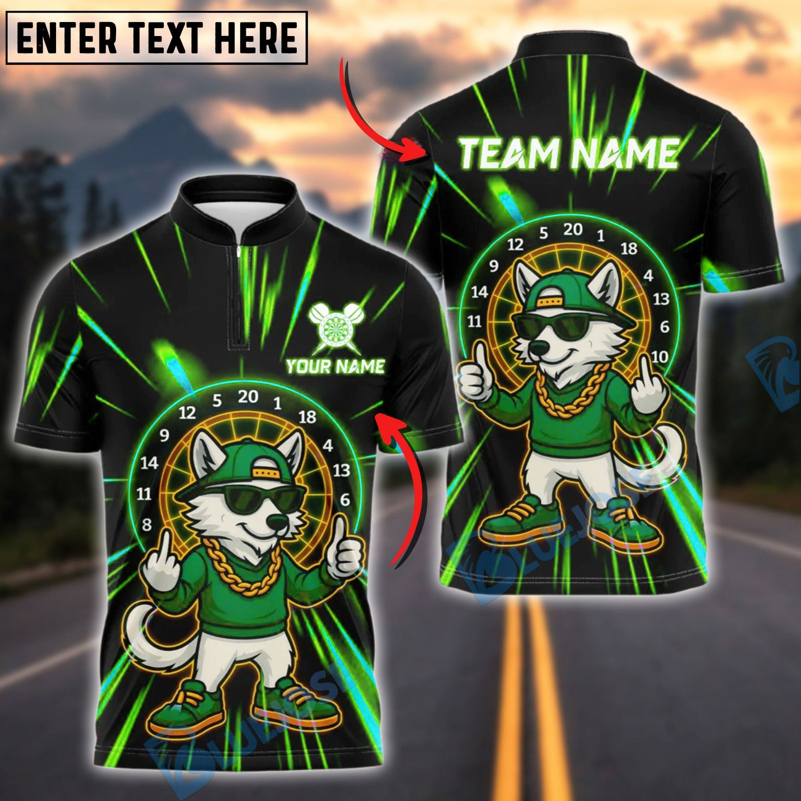 BlueJose Darts Cool Wolf Cartoon Street Style Customized Name, Team Name 3D Shirt (4 Colors)