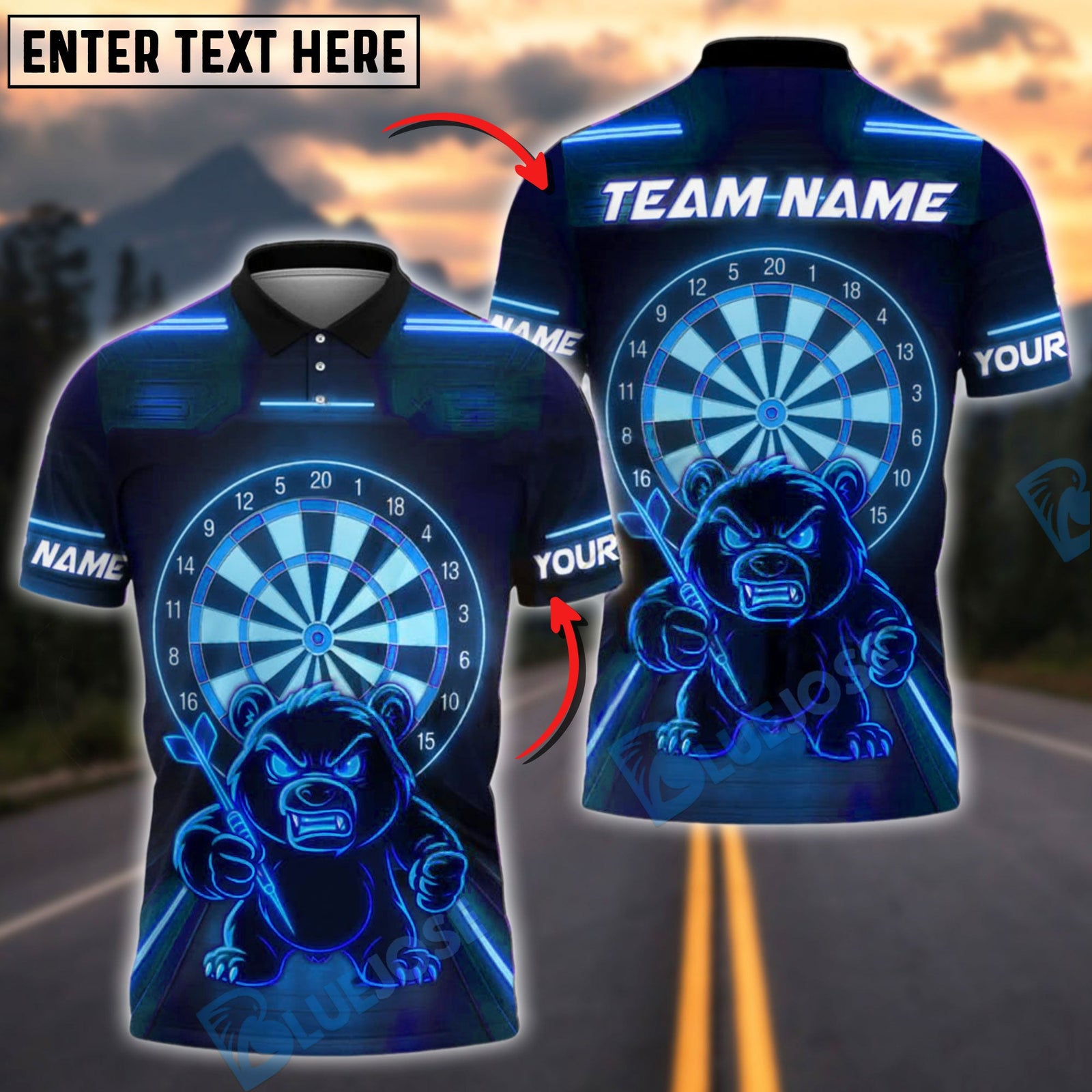 BlueJose Darts Neon Angry Bear Customized Name, Team Name 3D Shirt (4 Colors)