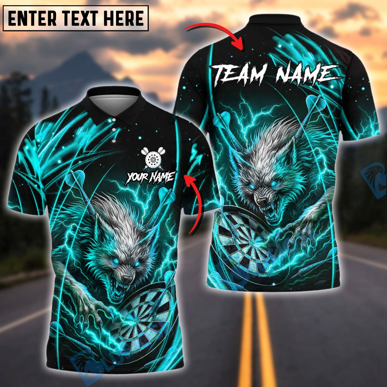BlueJose Darts Wild Wolf Lightning Theme Customized Name, Team Name 3D Shirt (4 Colors)