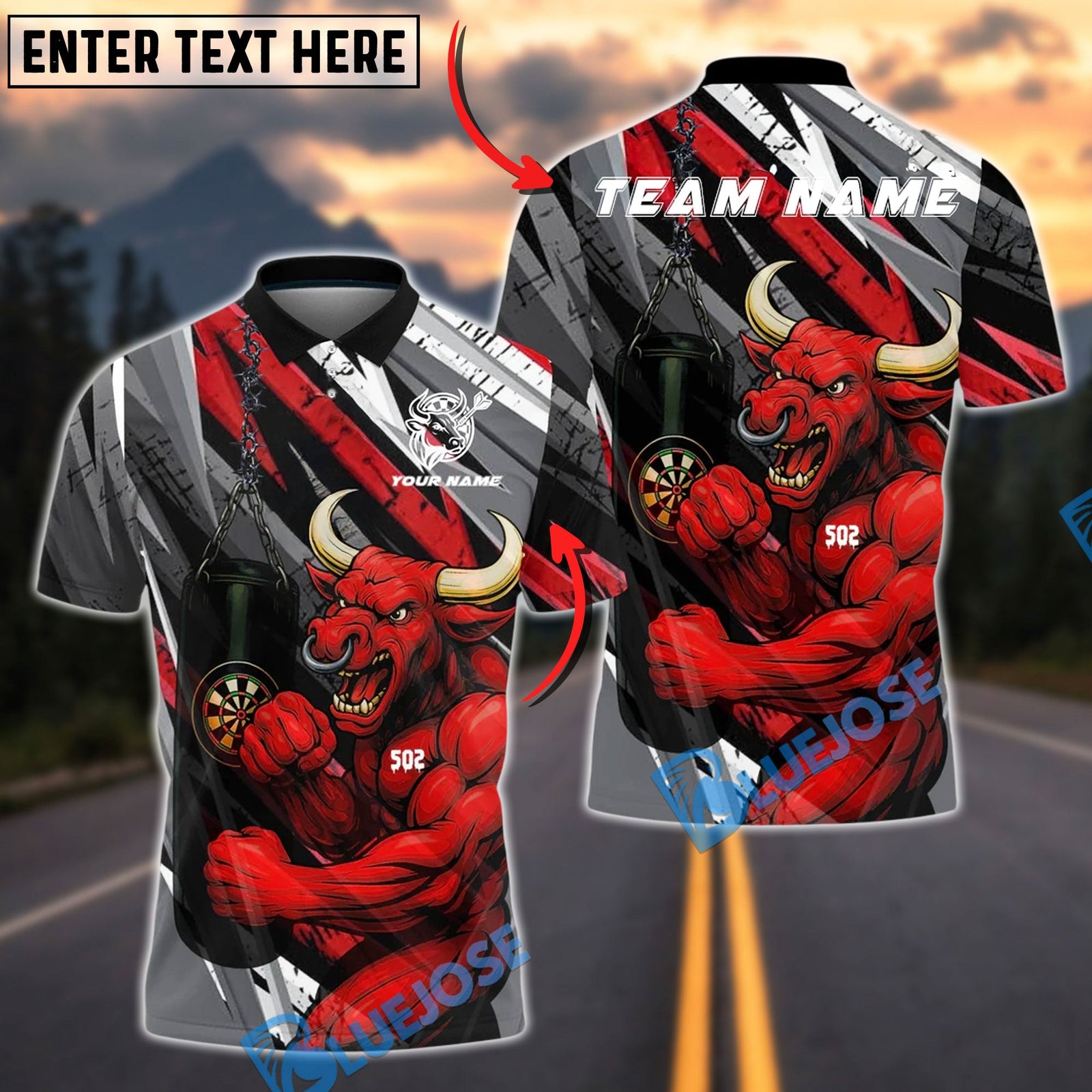 BlueJose Darts Red Bull Dartboard Fighter Strength Customized Name, Team Name 3D Shirt (4 Colors)