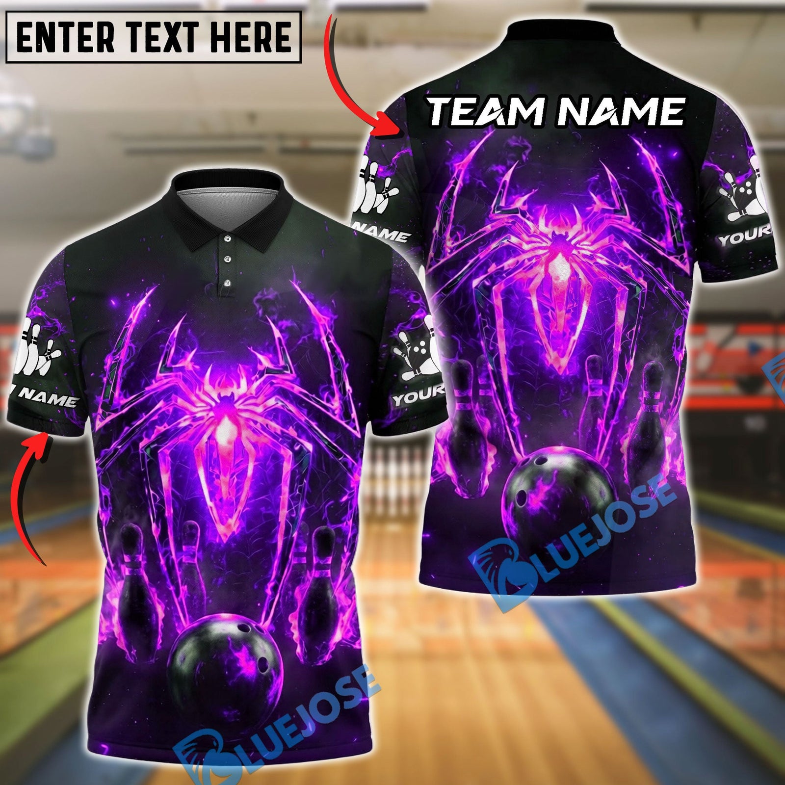 BlueJose Bowling And Pins Spider Flame Customized Name, Team Name 3D Shirt (4 Colors)
