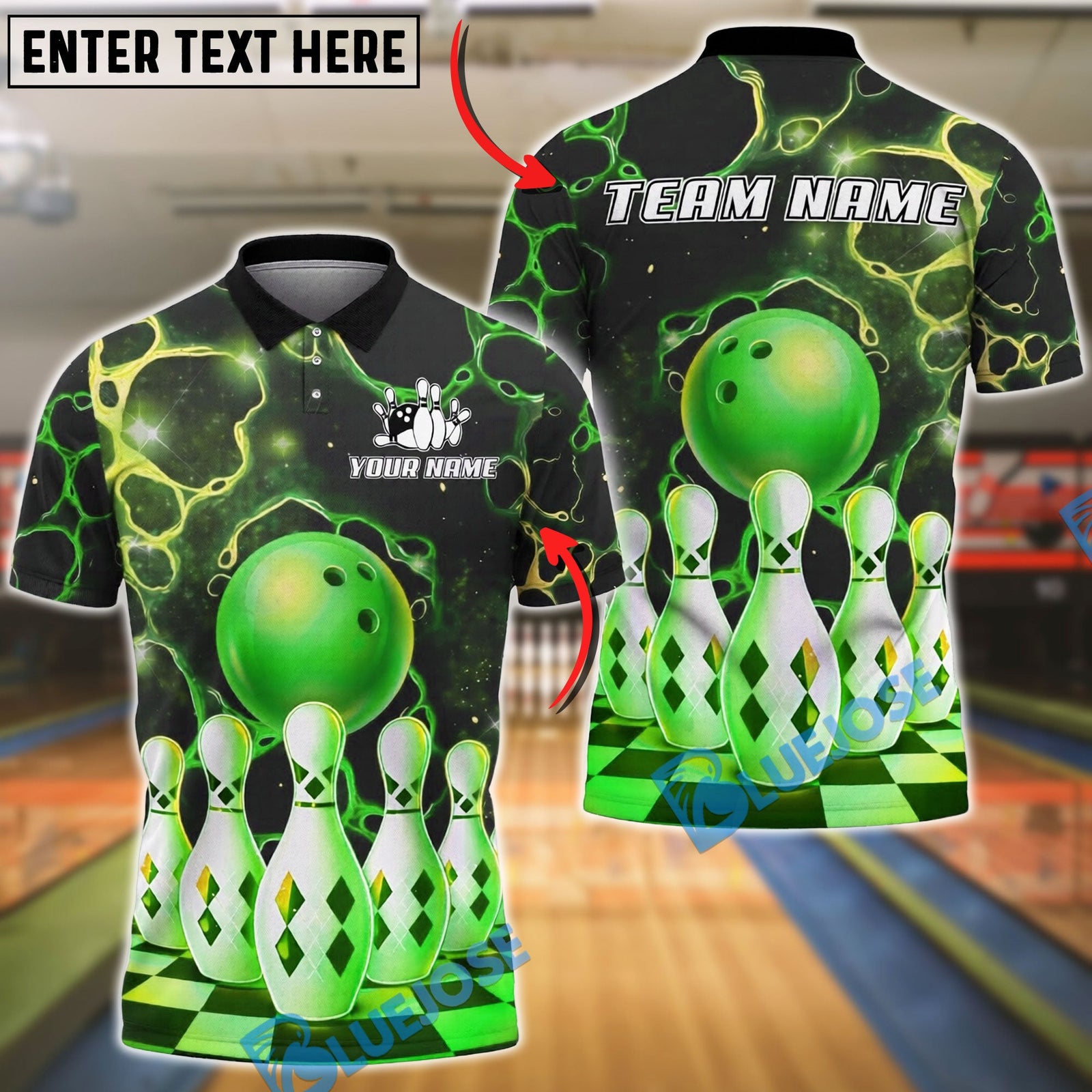 BlueJose Bowling And Pins Galaxy Neon Ball and Pins Customized Name, Team Name 3D Shirt (4 Colors)