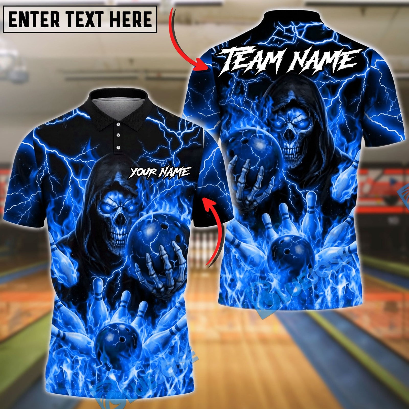 BlueJose Bowling And Pins Grim Reaper Flame Customized Name, Team Name 3D Shirt (6 Colors)