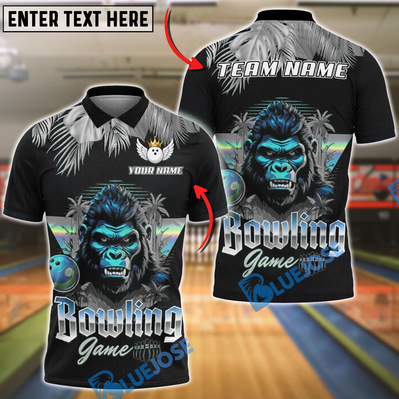 BlueJose Bowling And Pins Synthwave Gorilla Retro Neon Customized Name, Team Name 3D Shirt (6 Colors)