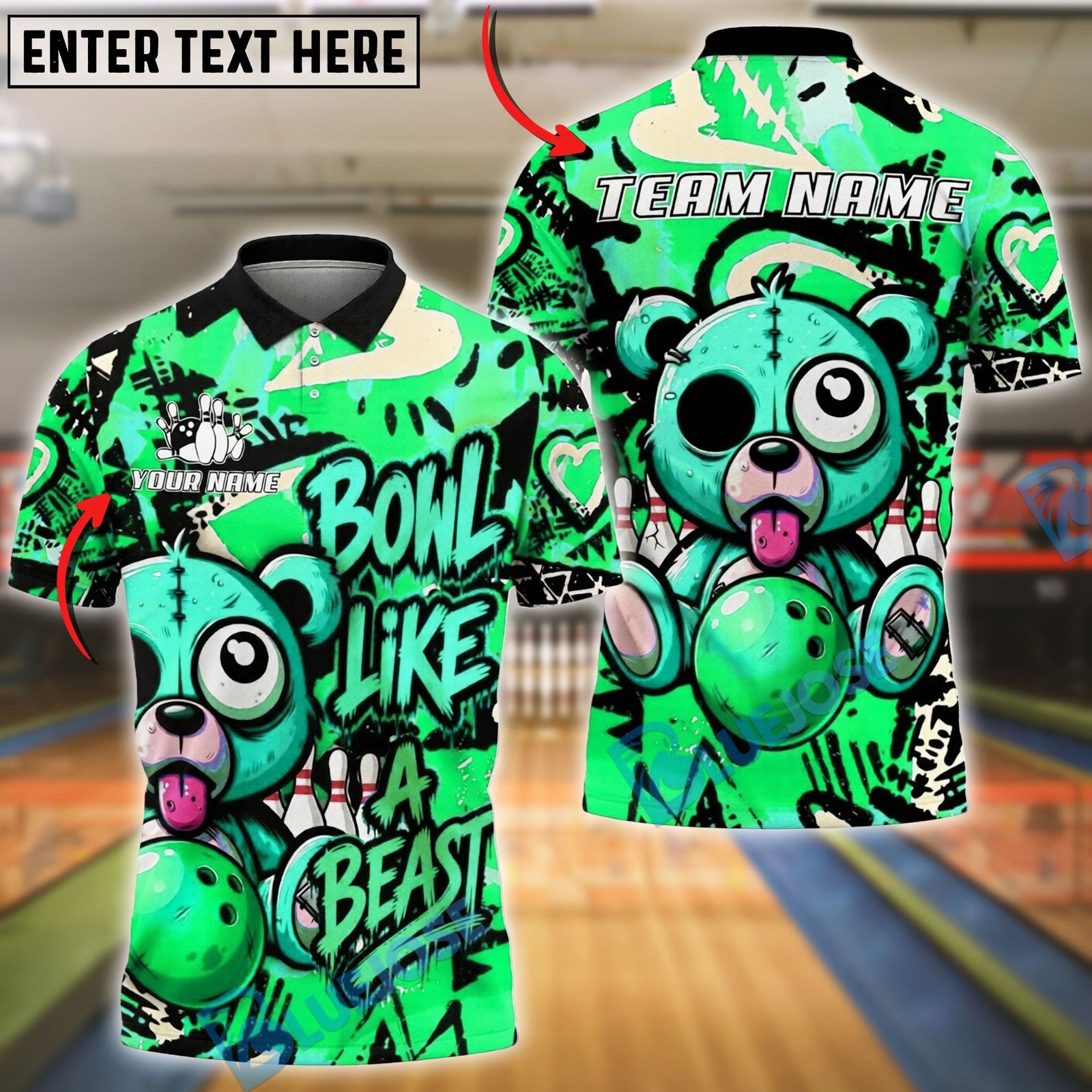 BlueJose Bowling And Pins Graffiti Bear Bowl Like A Beast Customized Name, Team Name 3D Shirt (4 Colors)
