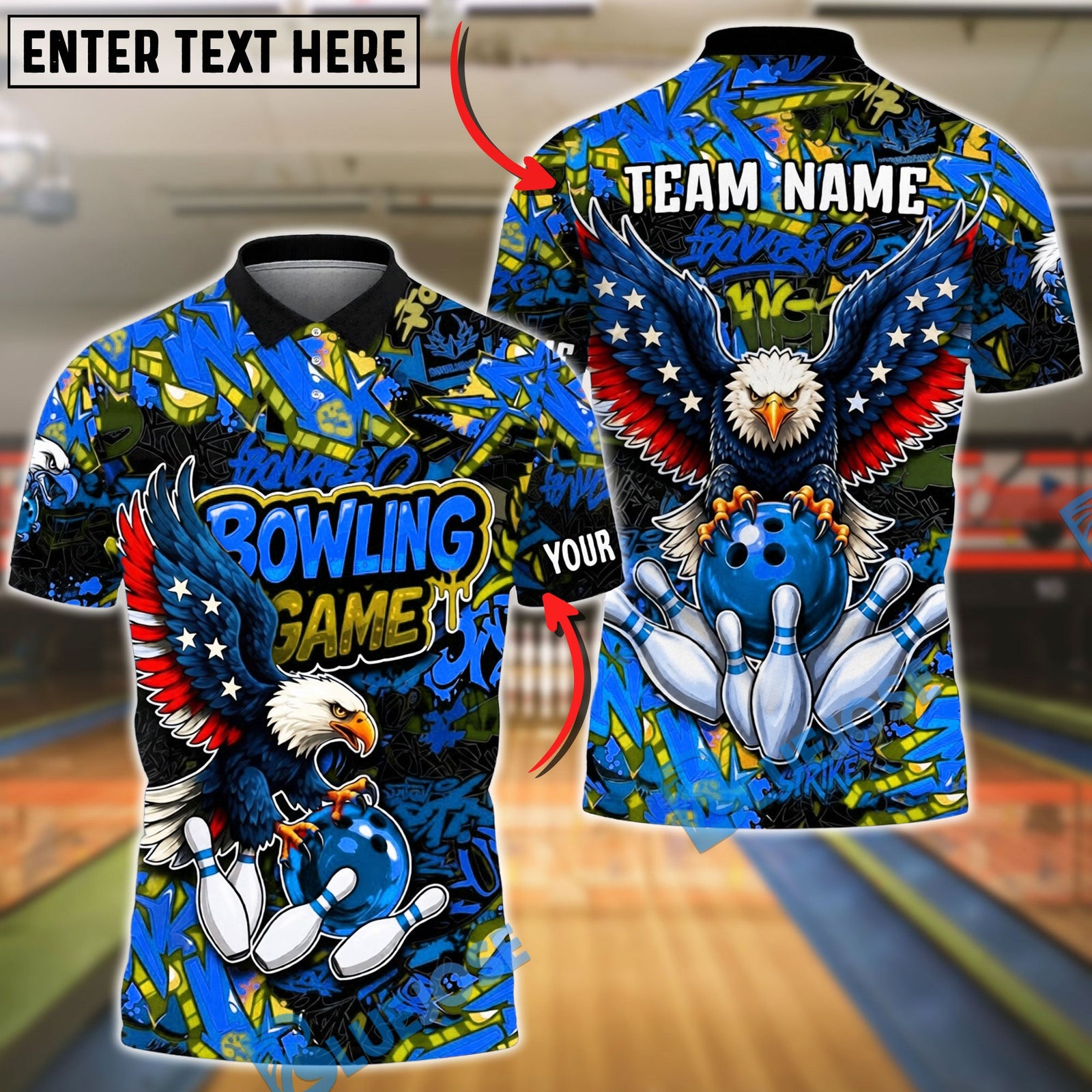 BlueJose Bowling And Pins Graffiti Eagle USA Flag Bowling Game Customized Name, Team Name 3D Shirt (4 Colors)
