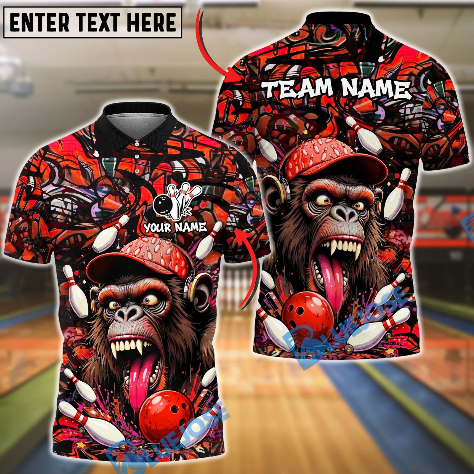 BlueJose Bowling And Pins Gorilla Wild Strike Graffiti Street Art Customized Name, Team Name 3D Shirt (4 Colors)
