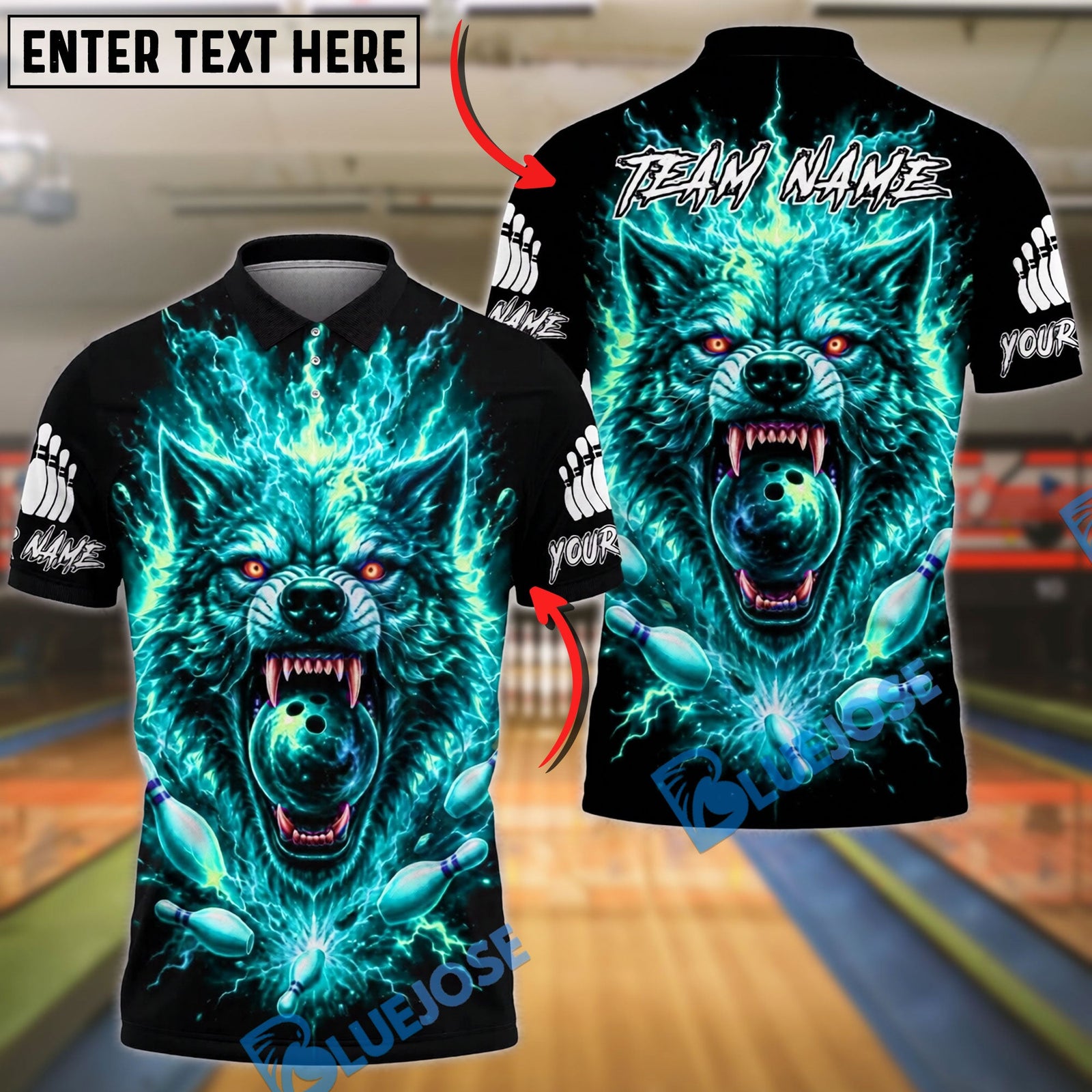 BlueJose Bowling Wolf Neon Lightning Customized Name, Team Name 3D Shirt (4 Colors)