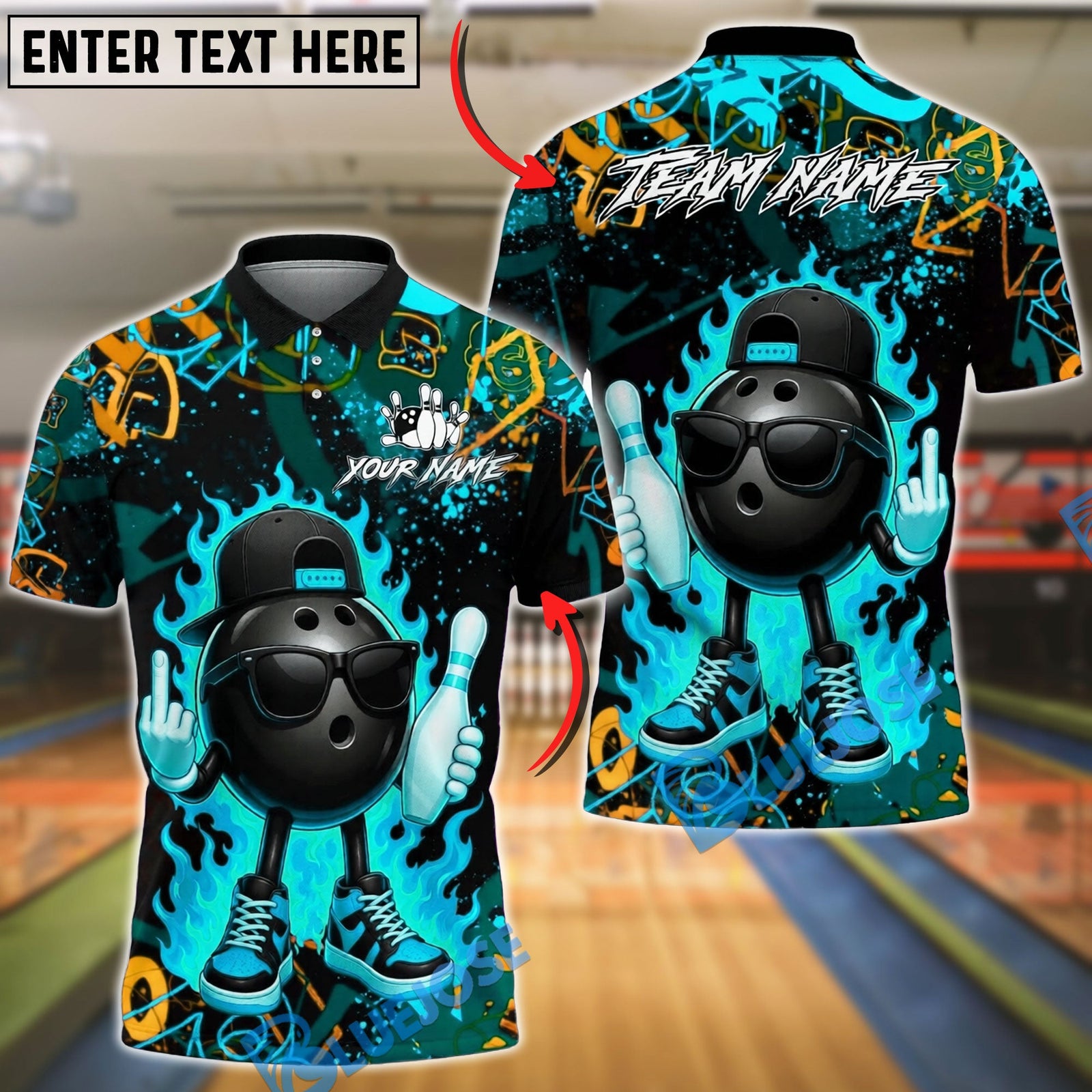 BlueJose Bowling And Pins Graffiti Cool Ball Fire Customized Name, Team Name 3D Shirt (4 Colors)